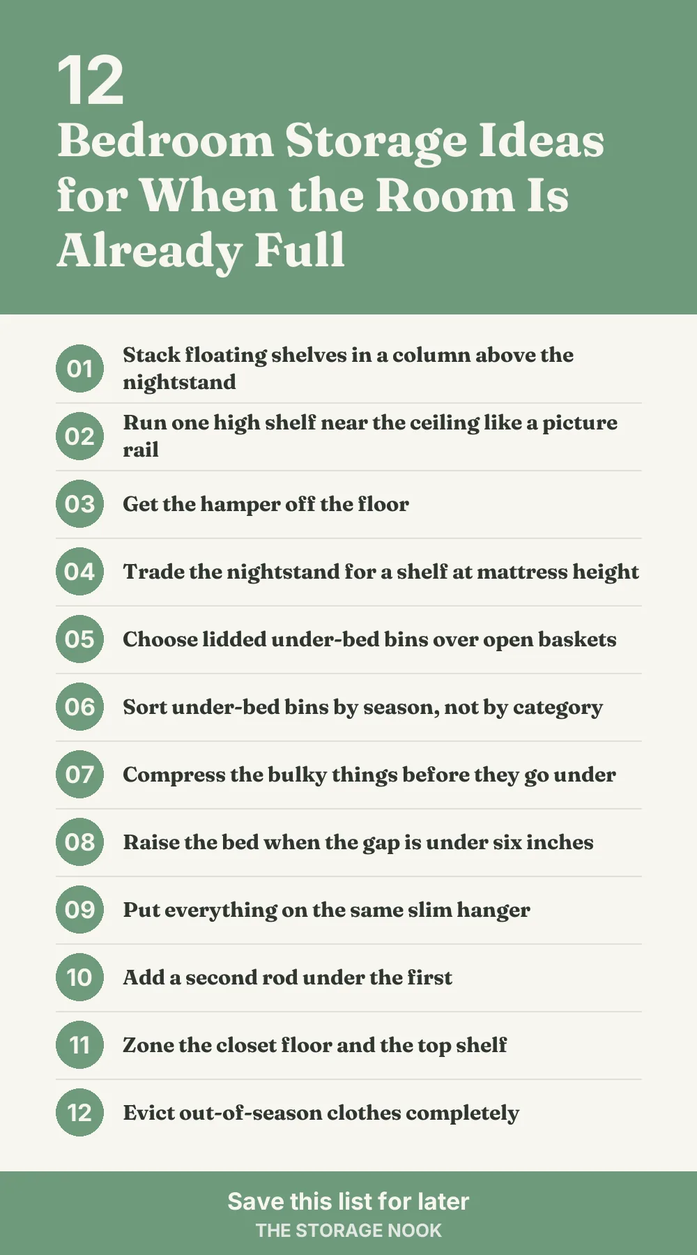 Checklist graphic summarizing this post: 1. Stack floating shelves in a column above the nightstand; 2. Run one high shelf near the ceiling like a picture rail; 3. Get the hamper off the floor; 4. Trade the nightstand for a shelf at mattress height; 5. Choose lidded under-bed bins over open baskets; 6. Sort under-bed bins by season, not by category; 7. Compress the bulky things before they go under; 8. Raise the bed when the gap is under six inches; 9. Put everything on the same slim hanger; 10. Add a second rod under the first; 11. Zone the closet floor and the top shelf; 12. Evict out-of-season clothes completely