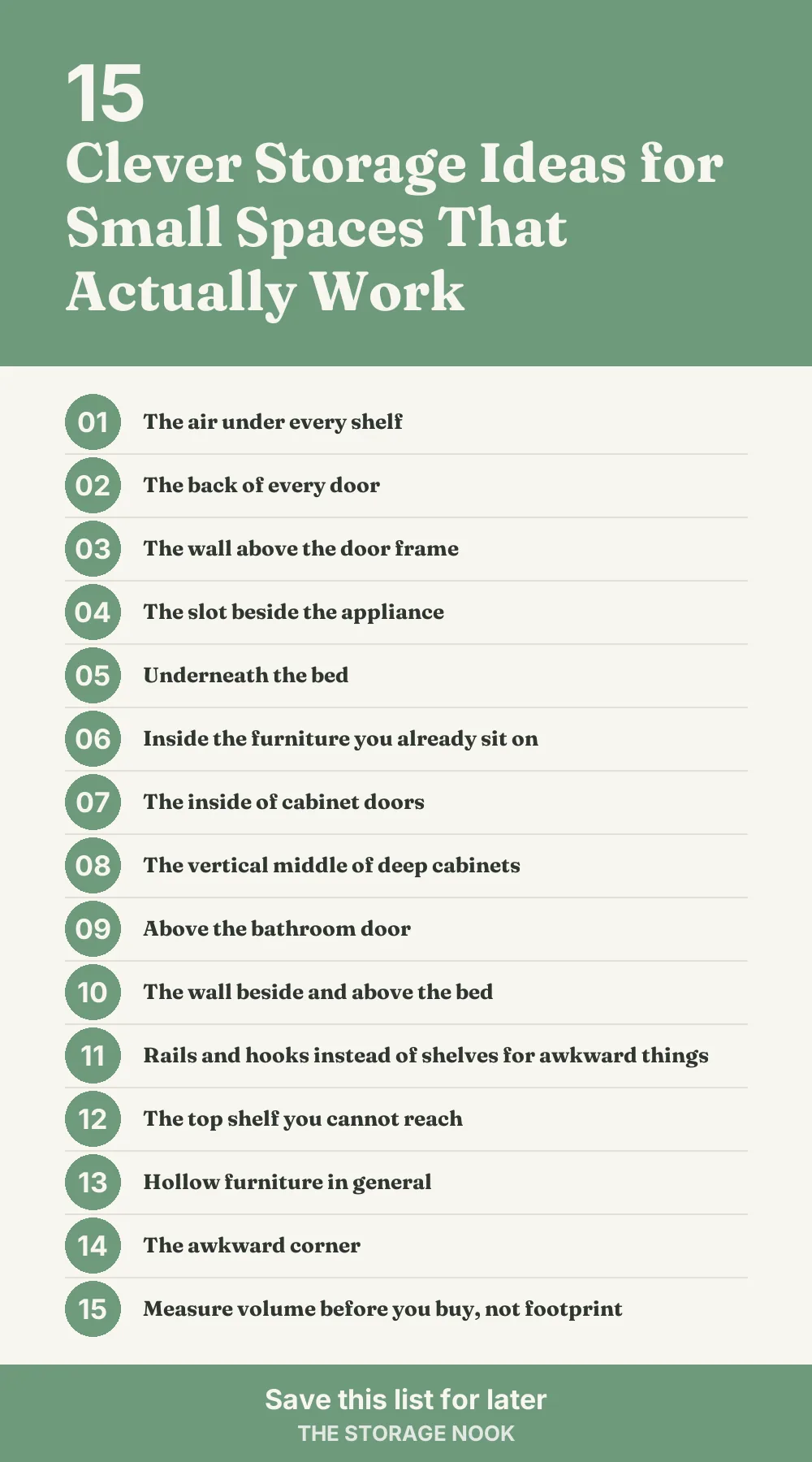 Checklist graphic summarizing this post: 1. The air under every shelf; 2. The back of every door; 3. The wall above the door frame; 4. The slot beside the appliance; 5. Underneath the bed; 6. Inside the furniture you already sit on; 7. The inside of cabinet doors; 8. The vertical middle of deep cabinets; 9. Above the bathroom door; 10. The wall beside and above the bed; 11. Rails and hooks instead of shelves for awkward things; 12. The top shelf you cannot reach; 13. Hollow furniture in general; 14. The awkward corner; 15. Measure volume before you buy, not footprint