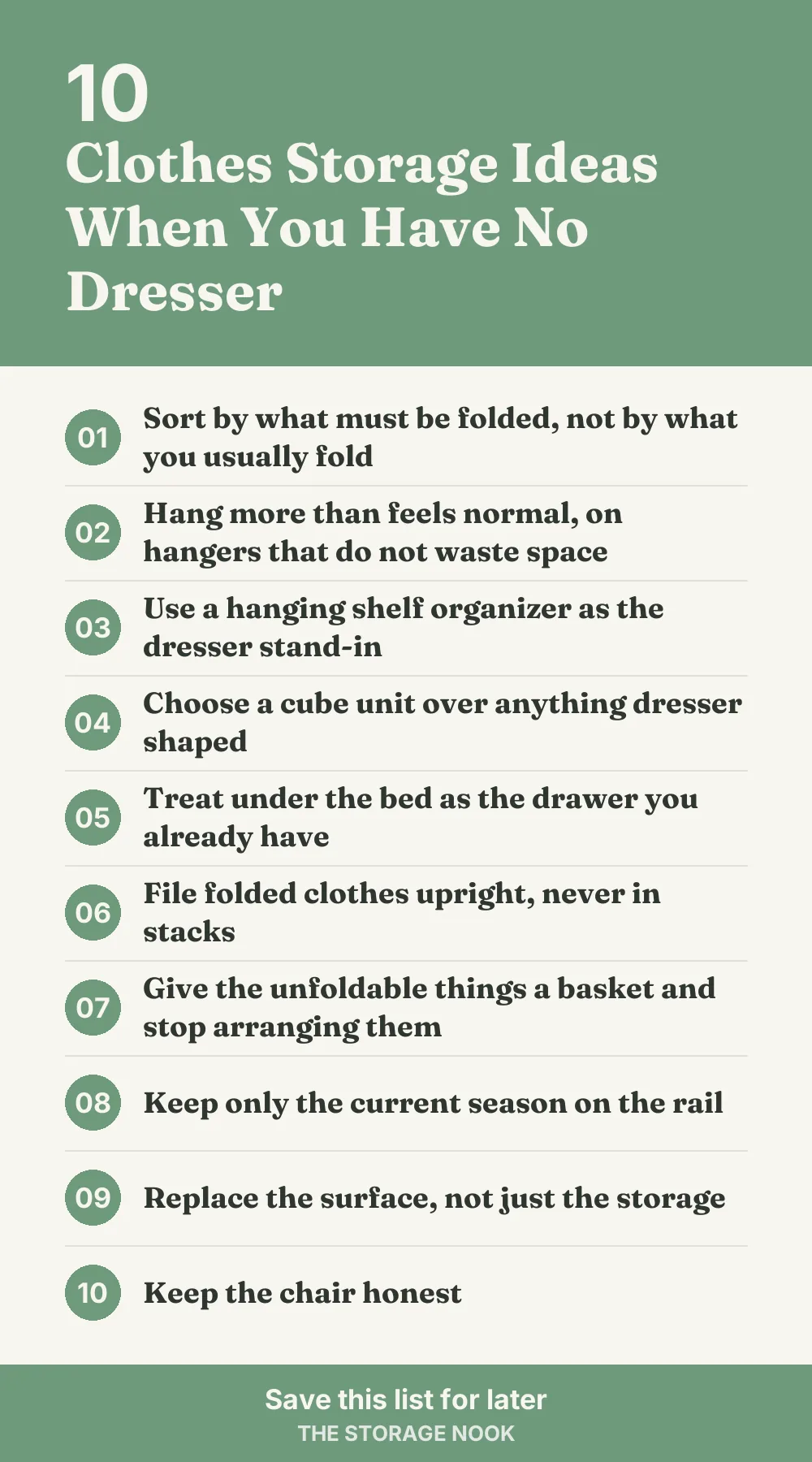 Checklist graphic summarizing this post: 1. Sort by what must be folded, not by what you usually fold; 2. Hang more than feels normal, on hangers that do not waste space; 3. Use a hanging shelf organizer as the dresser stand-in; 4. Choose a cube unit over anything dresser shaped; 5. Treat under the bed as the drawer you already have; 6. File folded clothes upright, never in stacks; 7. Give the unfoldable things a basket and stop arranging them; 8. Keep only the current season on the rail; 9. Replace the surface, not just the storage; 10. Keep the chair honest