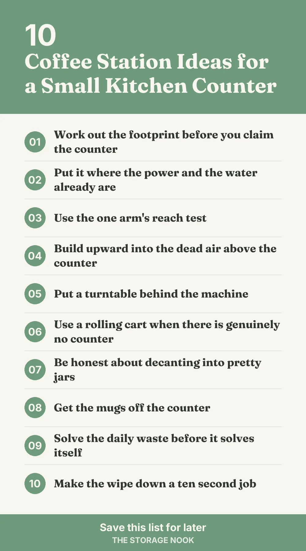 Checklist graphic summarizing this post: 1. Work out the footprint before you claim the counter; 2. Put it where the power and the water already are; 3. Use the one arm's reach test; 4. Build upward into the dead air above the counter; 5. Put a turntable behind the machine; 6. Use a rolling cart when there is genuinely no counter; 7. Be honest about decanting into pretty jars; 8. Get the mugs off the counter; 9. Solve the daily waste before it solves itself; 10. Make the wipe down a ten second job