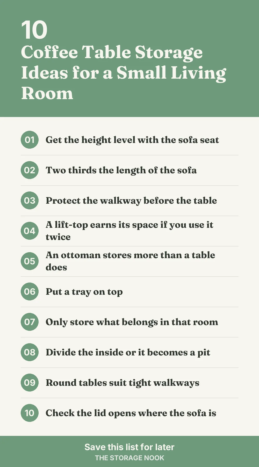 Checklist graphic summarizing this post: 1. Get the height level with the sofa seat; 2. Two thirds the length of the sofa; 3. Protect the walkway before the table; 4. A lift-top earns its space if you use it twice; 5. An ottoman stores more than a table does; 6. Put a tray on top; 7. Only store what belongs in that room; 8. Divide the inside or it becomes a pit; 9. Round tables suit tight walkways; 10. Check the lid opens where the sofa is