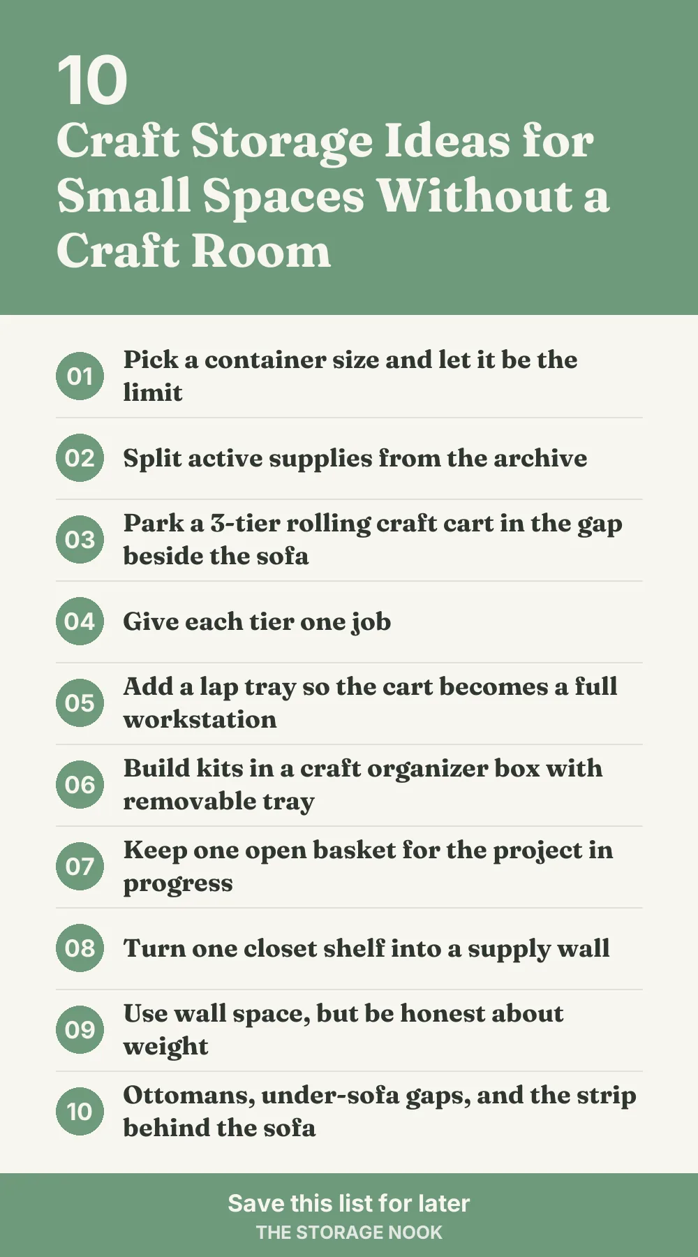 Checklist graphic summarizing this post: 1. Pick a container size and let it be the limit; 2. Split active supplies from the archive; 3. Park a 3-tier rolling craft cart in the gap beside the sofa; 4. Give each tier one job; 5. Add a lap tray so the cart becomes a full workstation; 6. Build kits in a craft organizer box with removable tray; 7. Keep one open basket for the project in progress; 8. Turn one closet shelf into a supply wall; 9. Use wall space, but be honest about weight; 10. Ottomans, under-sofa gaps, and the strip behind the sofa