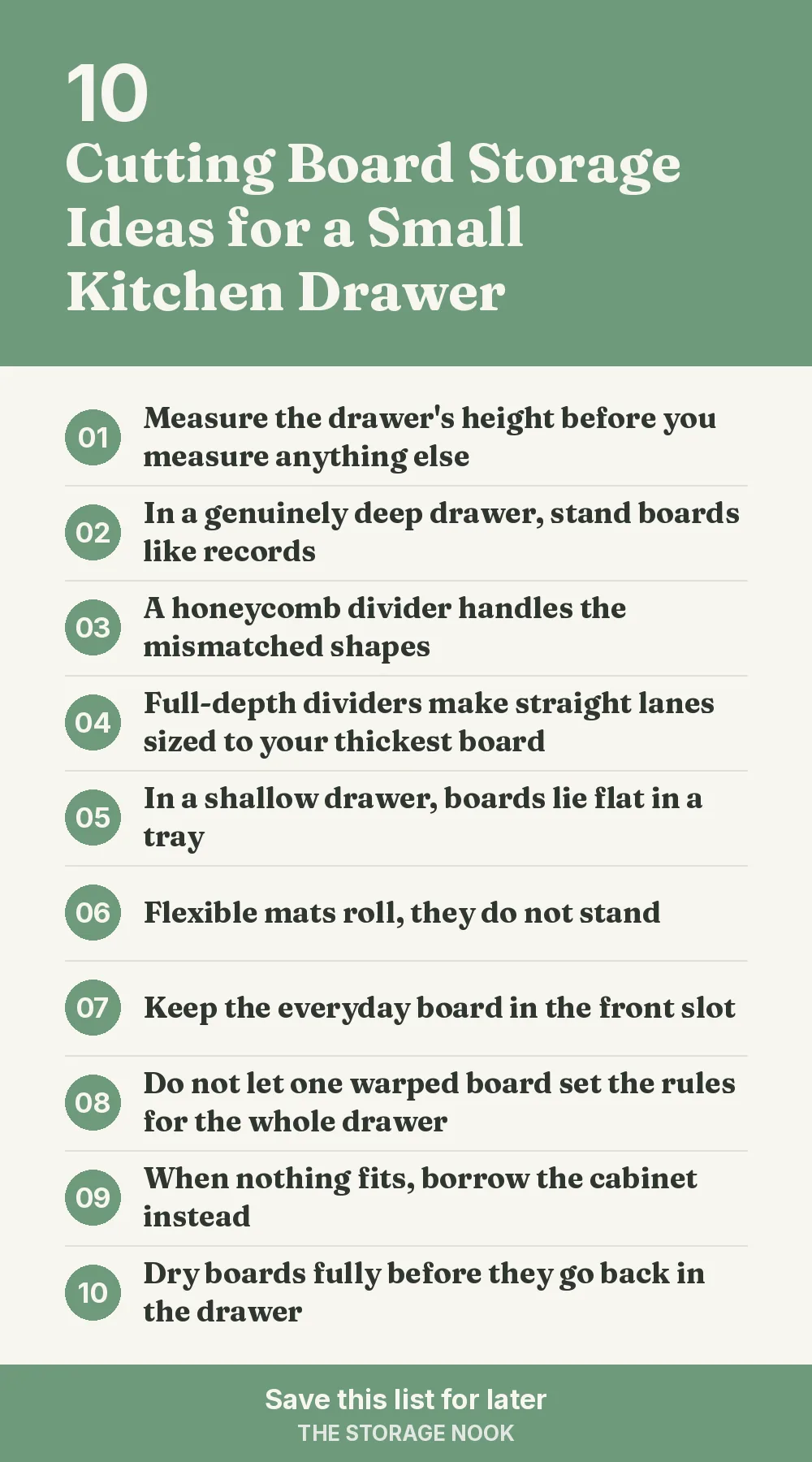 Checklist graphic summarizing this post: 1. Measure the drawer's height before you measure anything else; 2. In a genuinely deep drawer, stand boards like records; 3. A honeycomb divider handles the mismatched shapes; 4. Full-depth dividers make straight lanes sized to your thickest board; 5. In a shallow drawer, boards lie flat in a tray; 6. Flexible mats roll, they do not stand; 7. Keep the everyday board in the front slot; 8. Do not let one warped board set the rules for the whole drawer; 9. When nothing fits, borrow the cabinet instead; 10. Dry boards fully before they go back in the drawer