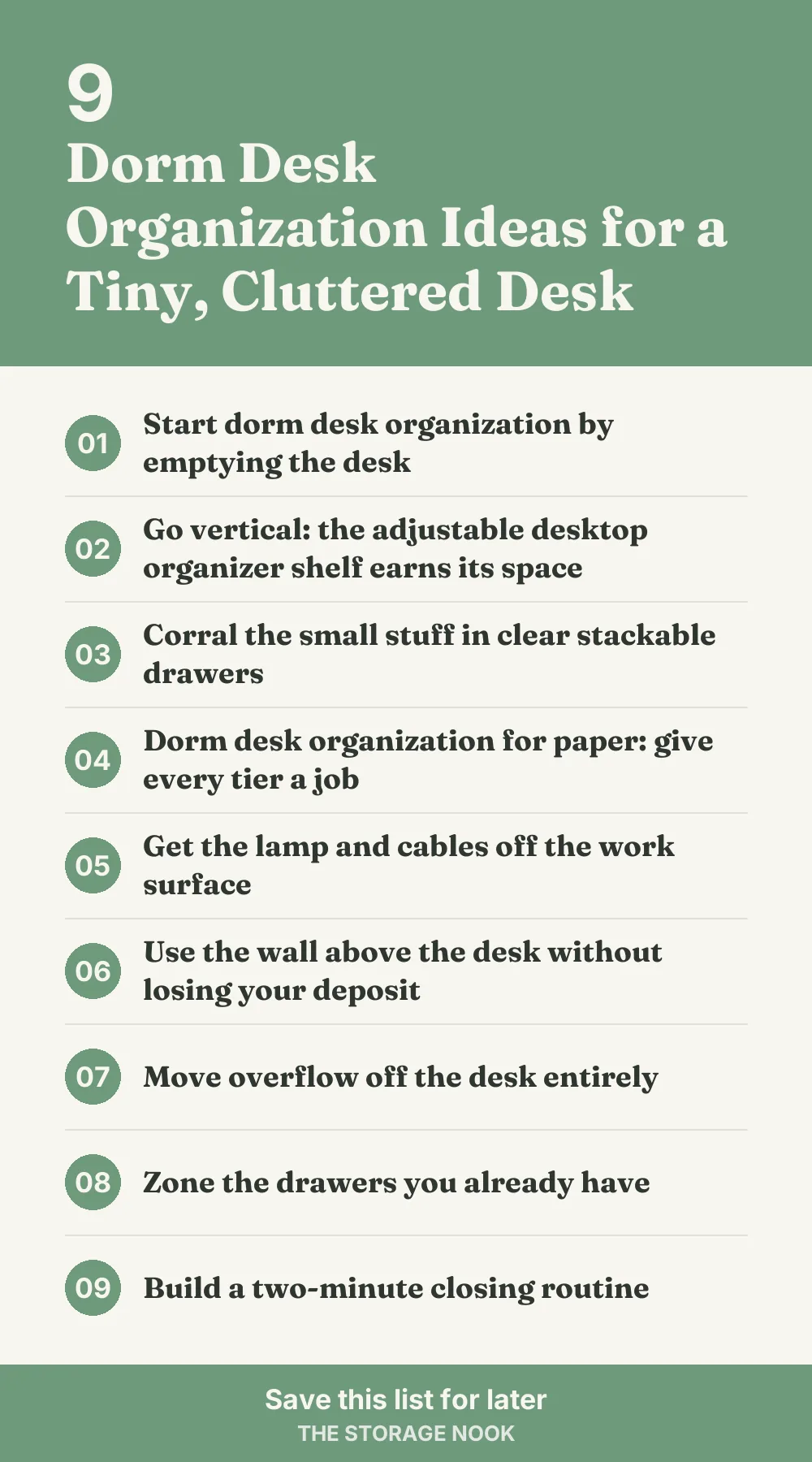 Checklist graphic summarizing this post: 1. Start dorm desk organization by emptying the desk; 2. Go vertical: the adjustable desktop organizer shelf earns its space; 3. Corral the small stuff in clear stackable drawers; 4. Dorm desk organization for paper: give every tier a job; 5. Get the lamp and cables off the work surface; 6. Use the wall above the desk without losing your deposit; 7. Move overflow off the desk entirely; 8. Zone the drawers you already have; 9. Build a two-minute closing routine