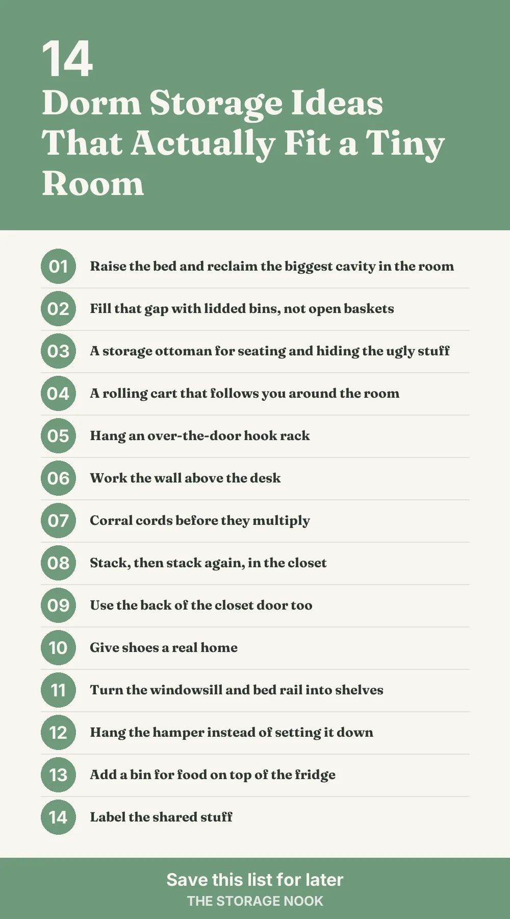 Checklist graphic summarizing this post: 1. Raise the bed and reclaim the biggest cavity in the room; 2. Fill that gap with lidded bins, not open baskets; 3. A storage ottoman for seating and hiding the ugly stuff; 4. A rolling cart that follows you around the room; 5. Hang an over-the-door hook rack; 6. Work the wall above the desk; 7. Corral cords before they multiply; 8. Stack, then stack again, in the closet; 9. Use the back of the closet door too; 10. Give shoes a real home; 11. Turn the windowsill and bed rail into shelves; 12. Hang the hamper instead of setting it down; 13. Add a bin for food on top of the fridge; 14. Label the shared stuff