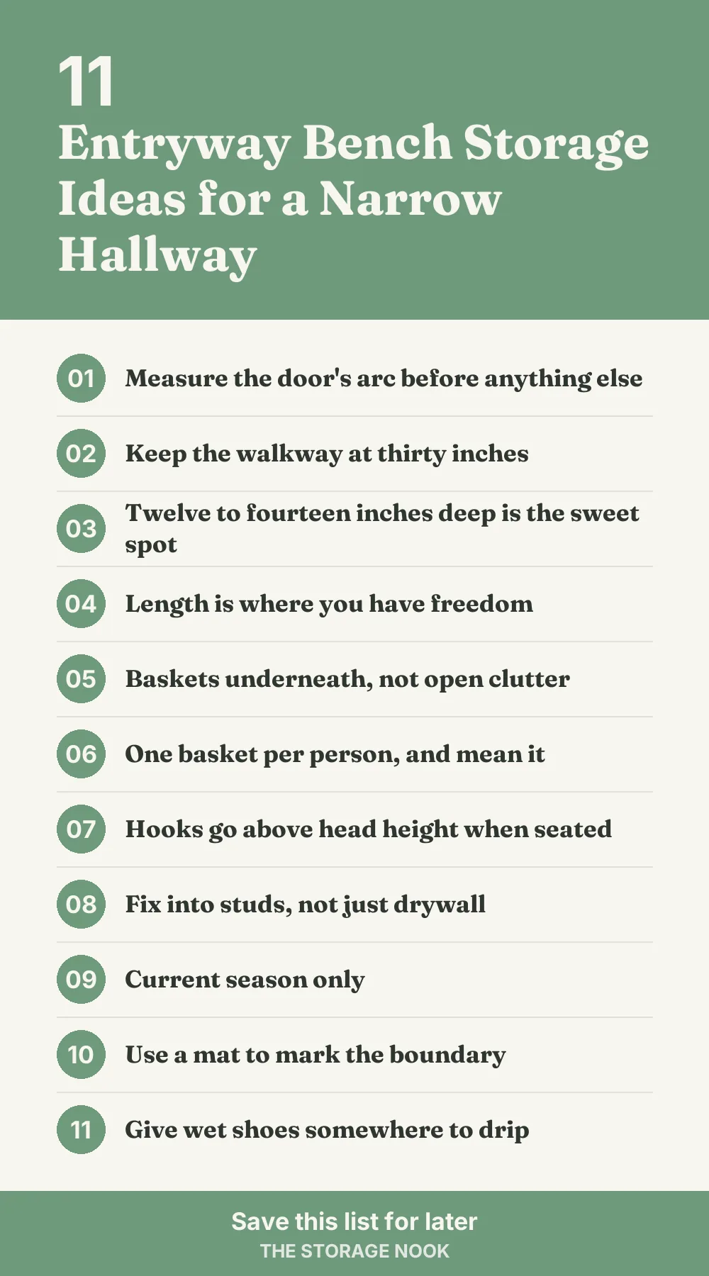 Checklist graphic summarizing this post: 1. Measure the door's arc before anything else; 2. Keep the walkway at thirty inches; 3. Twelve to fourteen inches deep is the sweet spot; 4. Length is where you have freedom; 5. Baskets underneath, not open clutter; 6. One basket per person, and mean it; 7. Hooks go above head height when seated; 8. Fix into studs, not just drywall; 9. Current season only; 10. Use a mat to mark the boundary; 11. Give wet shoes somewhere to drip