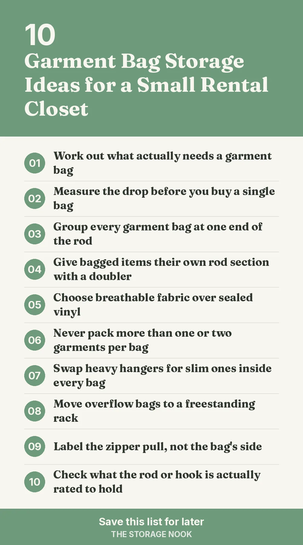 Checklist graphic summarizing this post: 1. Work out what actually needs a garment bag; 2. Measure the drop before you buy a single bag; 3. Group every garment bag at one end of the rod; 4. Give bagged items their own rod section with a doubler; 5. Choose breathable fabric over sealed vinyl; 6. Never pack more than one or two garments per bag; 7. Swap heavy hangers for slim ones inside every bag; 8. Move overflow bags to a freestanding rack; 9. Label the zipper pull, not the bag's side; 10. Check what the rod or hook is actually rated to hold