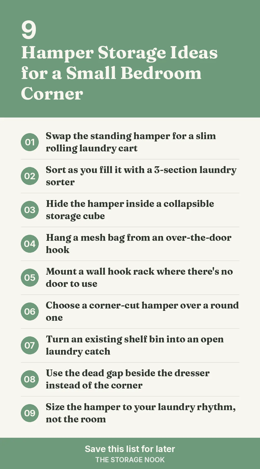 Checklist graphic summarizing this post: 1. Swap the standing hamper for a slim rolling laundry cart; 2. Sort as you fill it with a 3-section laundry sorter; 3. Hide the hamper inside a collapsible storage cube; 4. Hang a mesh bag from an over-the-door hook; 5. Mount a wall hook rack where there's no door to use; 6. Choose a corner-cut hamper over a round one; 7. Turn an existing shelf bin into an open laundry catch; 8. Use the dead gap beside the dresser instead of the corner; 9. Size the hamper to your laundry rhythm, not the room