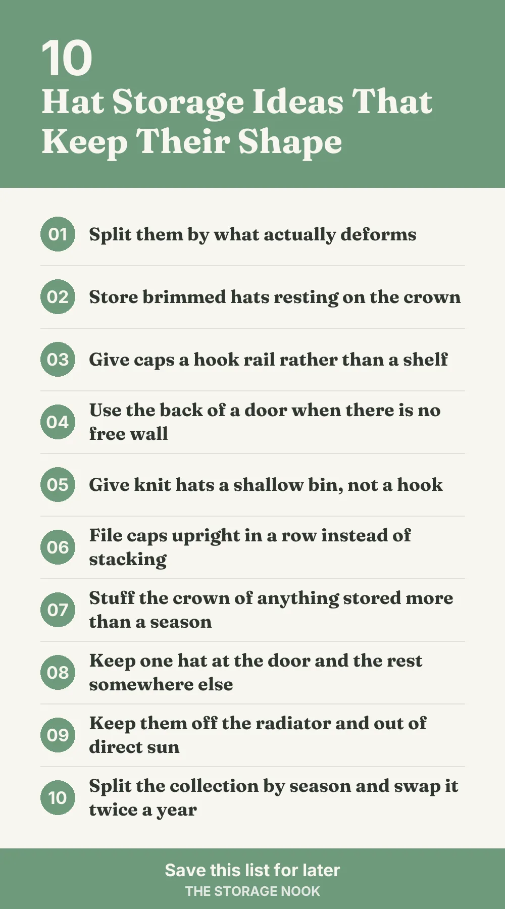 Checklist graphic summarizing this post: 1. Split them by what actually deforms; 2. Store brimmed hats resting on the crown; 3. Give caps a hook rail rather than a shelf; 4. Use the back of a door when there is no free wall; 5. Give knit hats a shallow bin, not a hook; 6. File caps upright in a row instead of stacking; 7. Stuff the crown of anything stored more than a season; 8. Keep one hat at the door and the rest somewhere else; 9. Keep them off the radiator and out of direct sun; 10. Split the collection by season and swap it twice a year