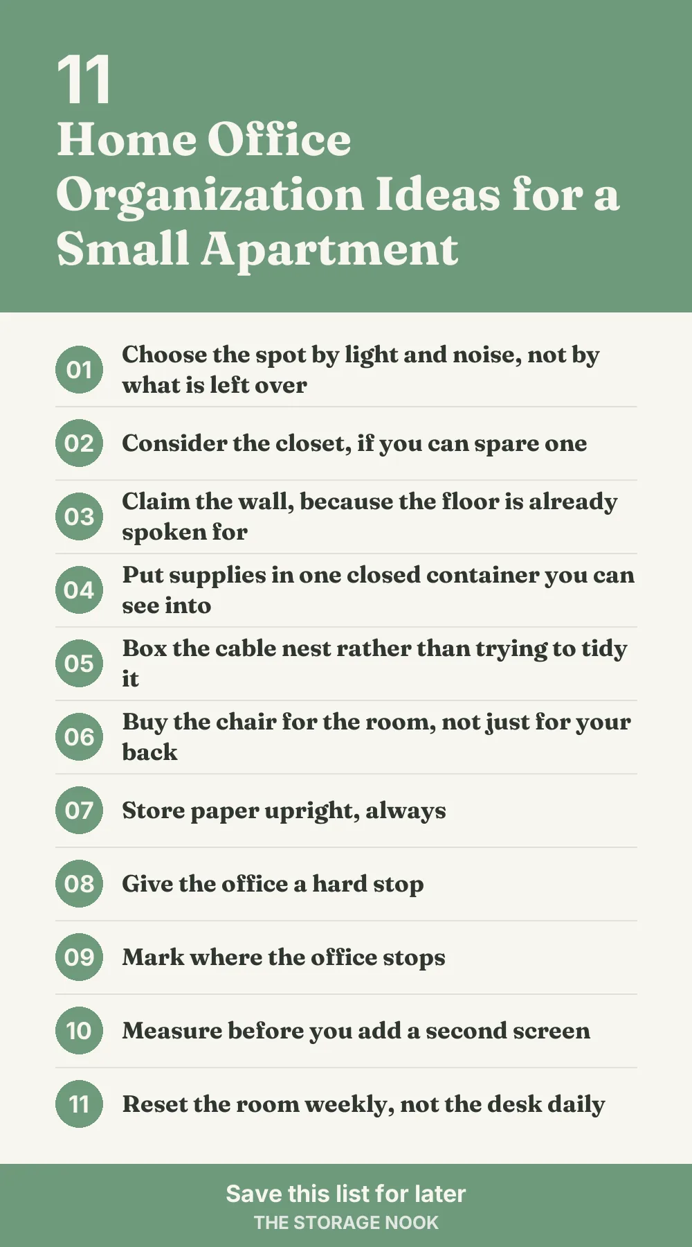 Checklist graphic summarizing this post: 1. Choose the spot by light and noise, not by what is left over; 2. Consider the closet, if you can spare one; 3. Claim the wall, because the floor is already spoken for; 4. Put supplies in one closed container you can see into; 5. Box the cable nest rather than trying to tidy it; 6. Buy the chair for the room, not just for your back; 7. Store paper upright, always; 8. Give the office a hard stop; 9. Mark where the office stops; 10. Measure before you add a second screen; 11. Reset the room weekly, not the desk daily