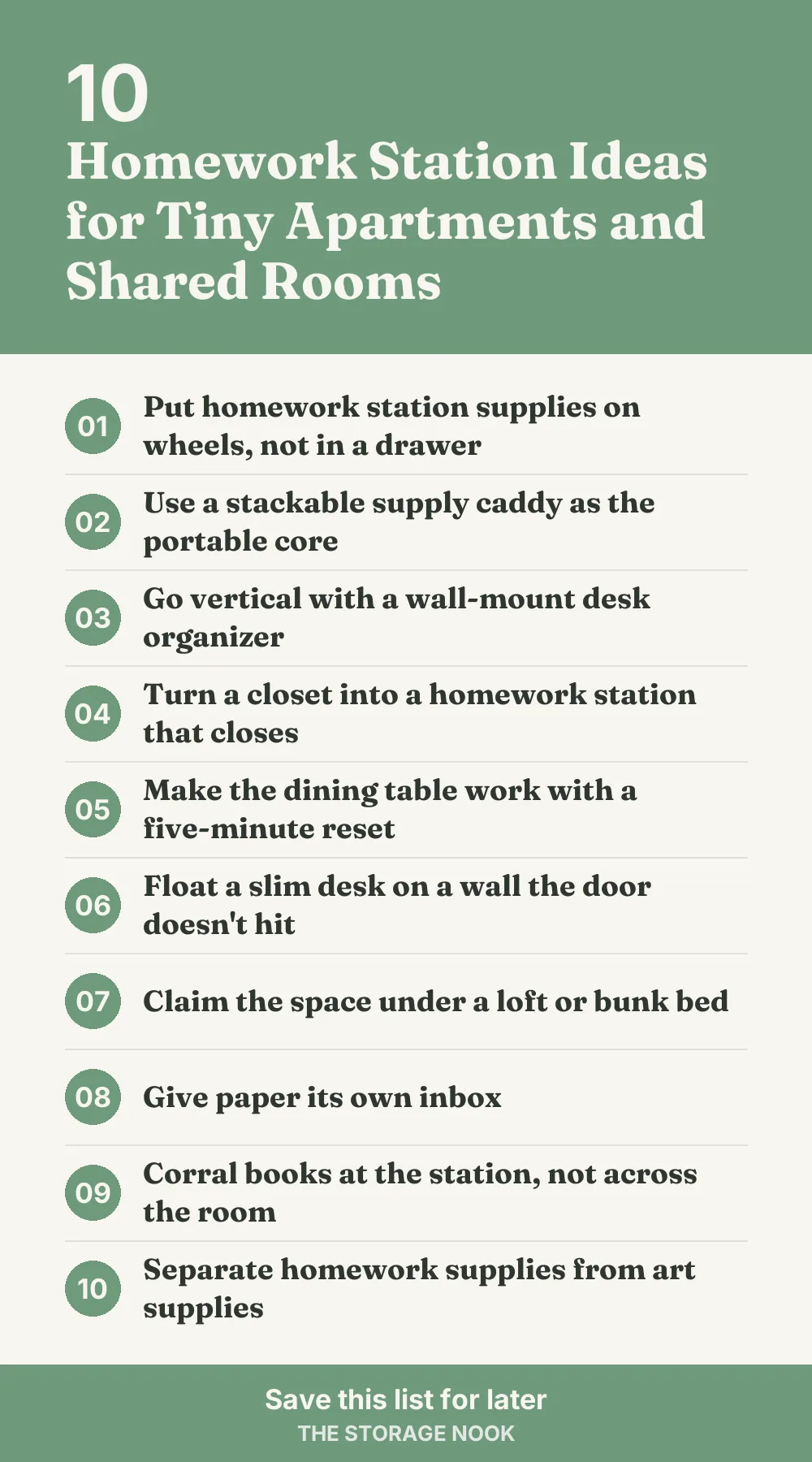 Checklist graphic summarizing this post: 1. Put homework station supplies on wheels, not in a drawer; 2. Use a stackable supply caddy as the portable core; 3. Go vertical with a wall-mount desk organizer; 4. Turn a closet into a homework station that closes; 5. Make the dining table work with a five-minute reset; 6. Float a slim desk on a wall the door doesn't hit; 7. Claim the space under a loft or bunk bed; 8. Give paper its own inbox; 9. Corral books at the station, not across the room; 10. Separate homework supplies from art supplies