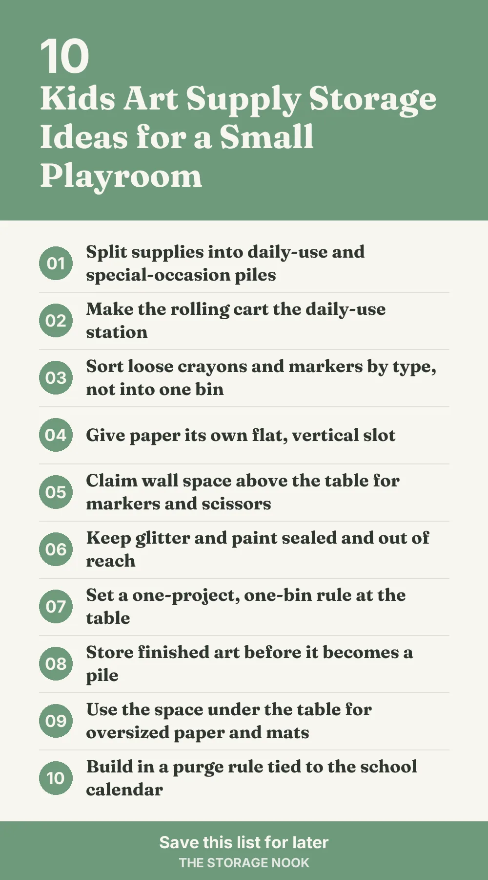 Checklist graphic summarizing this post: 1. Split supplies into daily-use and special-occasion piles; 2. Make the rolling cart the daily-use station; 3. Sort loose crayons and markers by type, not into one bin; 4. Give paper its own flat, vertical slot; 5. Claim wall space above the table for markers and scissors; 6. Keep glitter and paint sealed and out of reach; 7. Set a one-project, one-bin rule at the table; 8. Store finished art before it becomes a pile; 9. Use the space under the table for oversized paper and mats; 10. Build in a purge rule tied to the school calendar