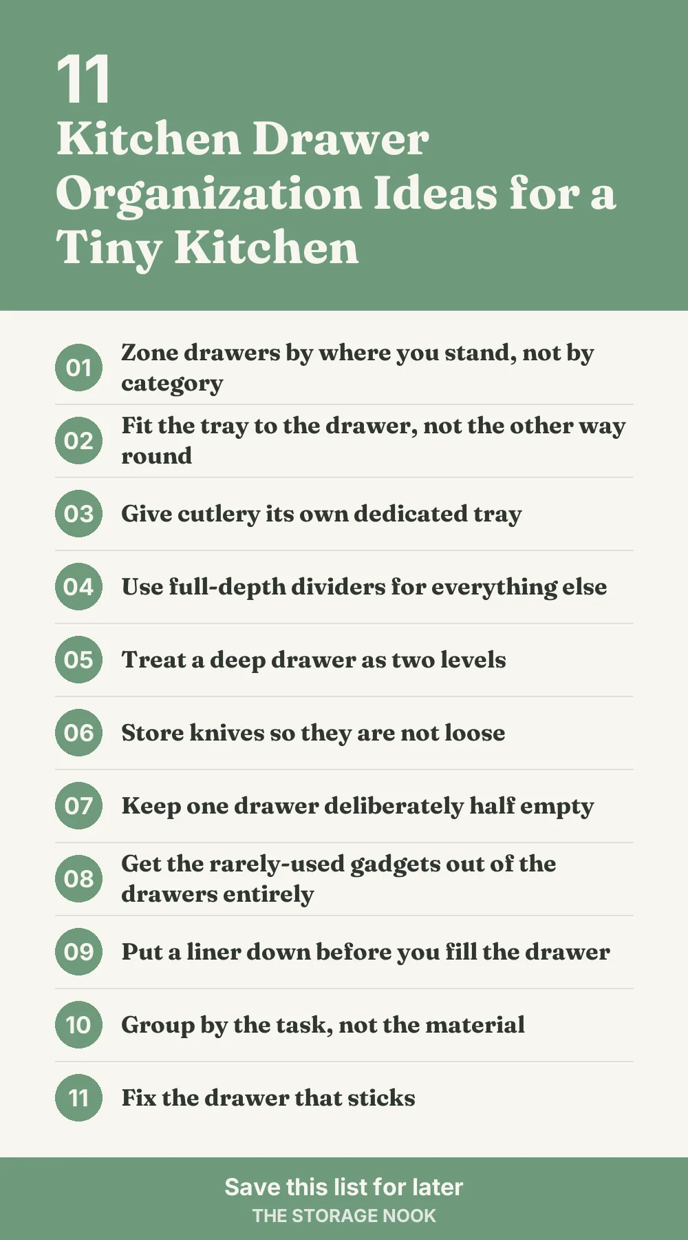Checklist graphic summarizing this post: 1. Zone drawers by where you stand, not by category; 2. Fit the tray to the drawer, not the other way round; 3. Give cutlery its own dedicated tray; 4. Use full-depth dividers for everything else; 5. Treat a deep drawer as two levels; 6. Store knives so they are not loose; 7. Keep one drawer deliberately half empty; 8. Get the rarely-used gadgets out of the drawers entirely; 9. Put a liner down before you fill the drawer; 10. Group by the task, not the material; 11. Fix the drawer that sticks