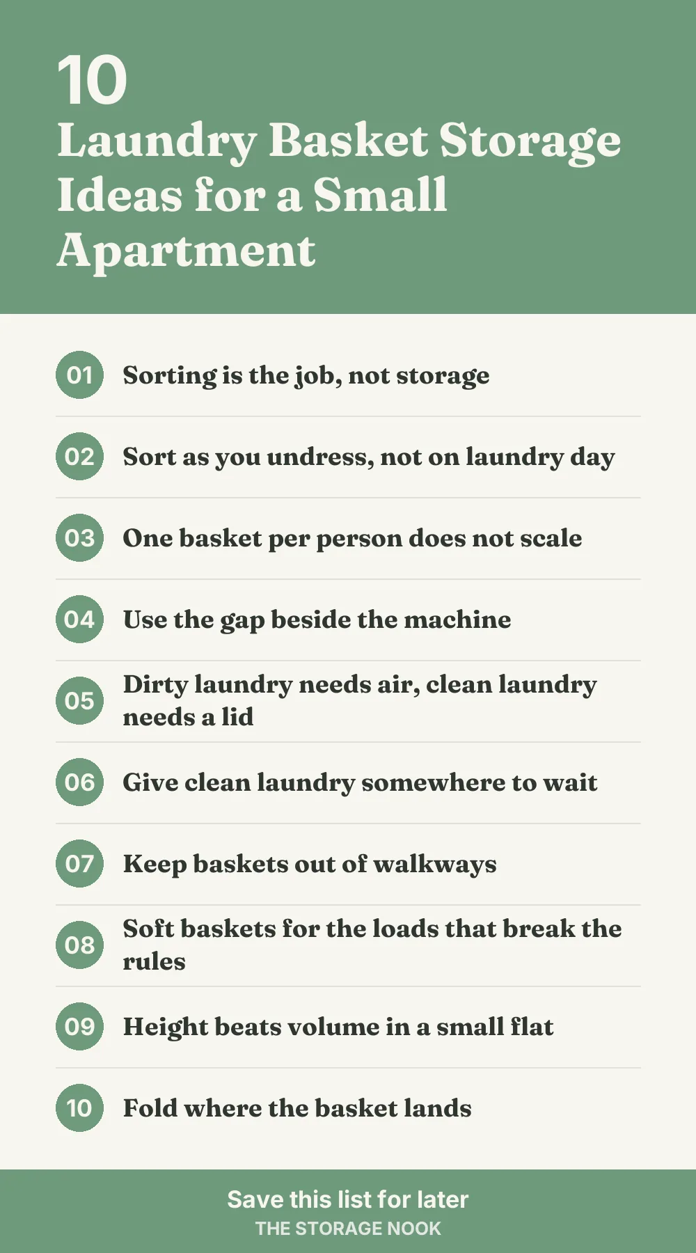 Checklist graphic summarizing this post: 1. Sorting is the job, not storage; 2. Sort as you undress, not on laundry day; 3. One basket per person does not scale; 4. Use the gap beside the machine; 5. Dirty laundry needs air, clean laundry needs a lid; 6. Give clean laundry somewhere to wait; 7. Keep baskets out of walkways; 8. Soft baskets for the loads that break the rules; 9. Height beats volume in a small flat; 10. Fold where the basket lands