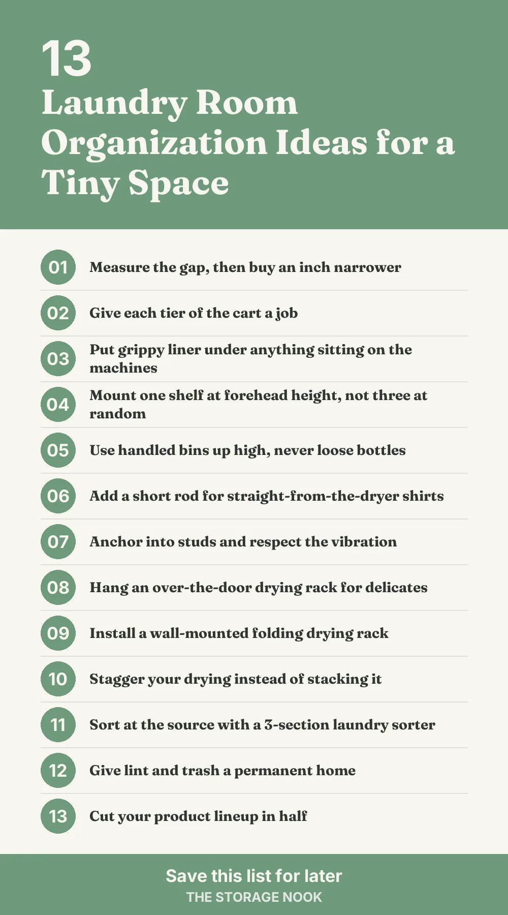 Checklist graphic summarizing this post: 1. Measure the gap, then buy an inch narrower; 2. Give each tier of the cart a job; 3. Put grippy liner under anything sitting on the machines; 4. Mount one shelf at forehead height, not three at random; 5. Use handled bins up high, never loose bottles; 6. Add a short rod for straight-from-the-dryer shirts; 7. Anchor into studs and respect the vibration; 8. Hang an over-the-door drying rack for delicates; 9. Install a wall-mounted folding drying rack; 10. Stagger your drying instead of stacking it; 11. Sort at the source with a 3-section laundry sorter; 12. Give lint and trash a permanent home; 13. Cut your product lineup in half