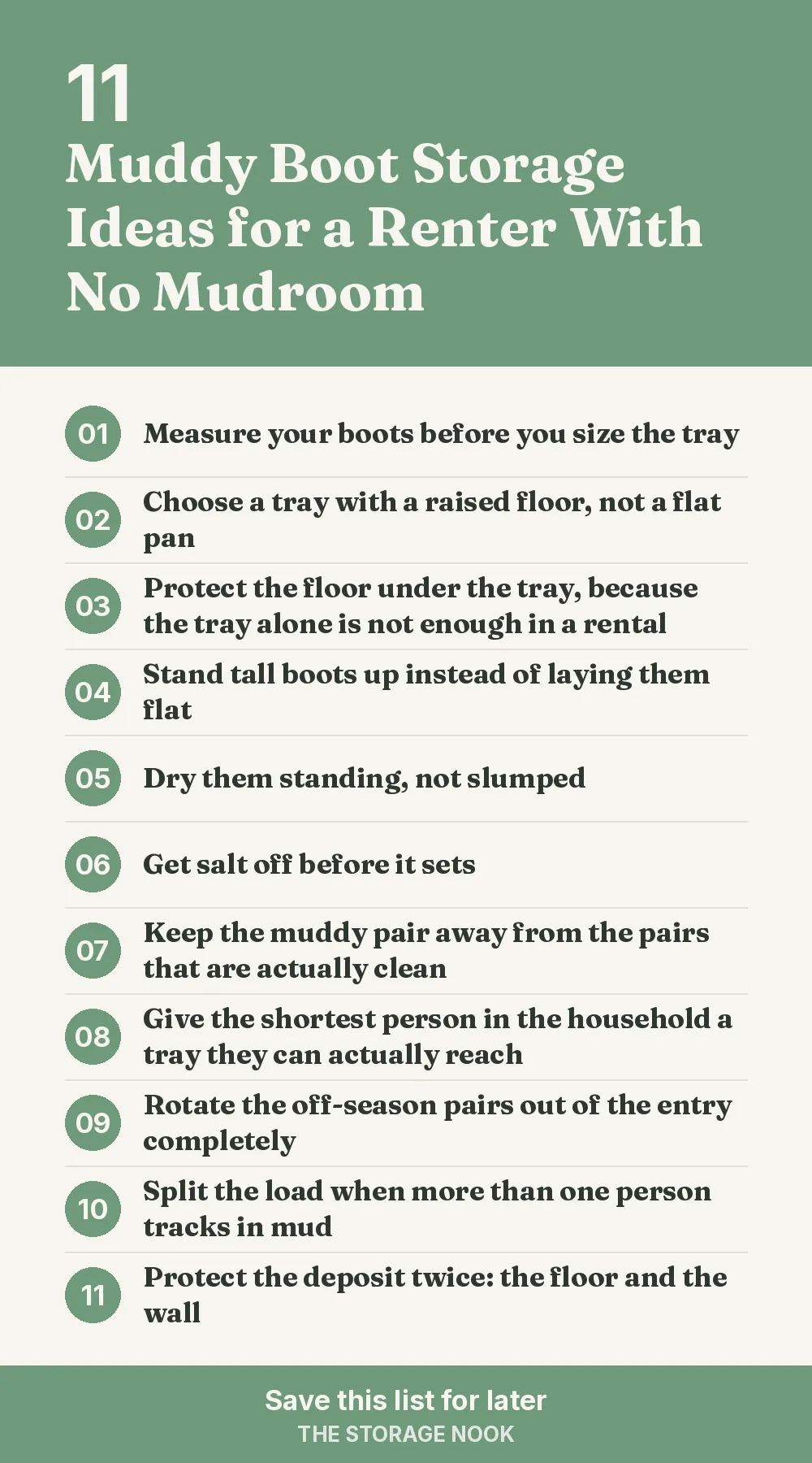 Checklist graphic summarizing this post: 1. Measure your boots before you size the tray; 2. Choose a tray with a raised floor, not a flat pan; 3. Protect the floor under the tray, because the tray alone is not enough in a rental; 4. Stand tall boots up instead of laying them flat; 5. Dry them standing, not slumped; 6. Get salt off before it sets; 7. Keep the muddy pair away from the pairs that are actually clean; 8. Give the shortest person in the household a tray they can actually reach; 9. Rotate the off-season pairs out of the entry completely; 10. Split the load when more than one person tracks in mud; 11. Protect the deposit twice: the floor and the wall