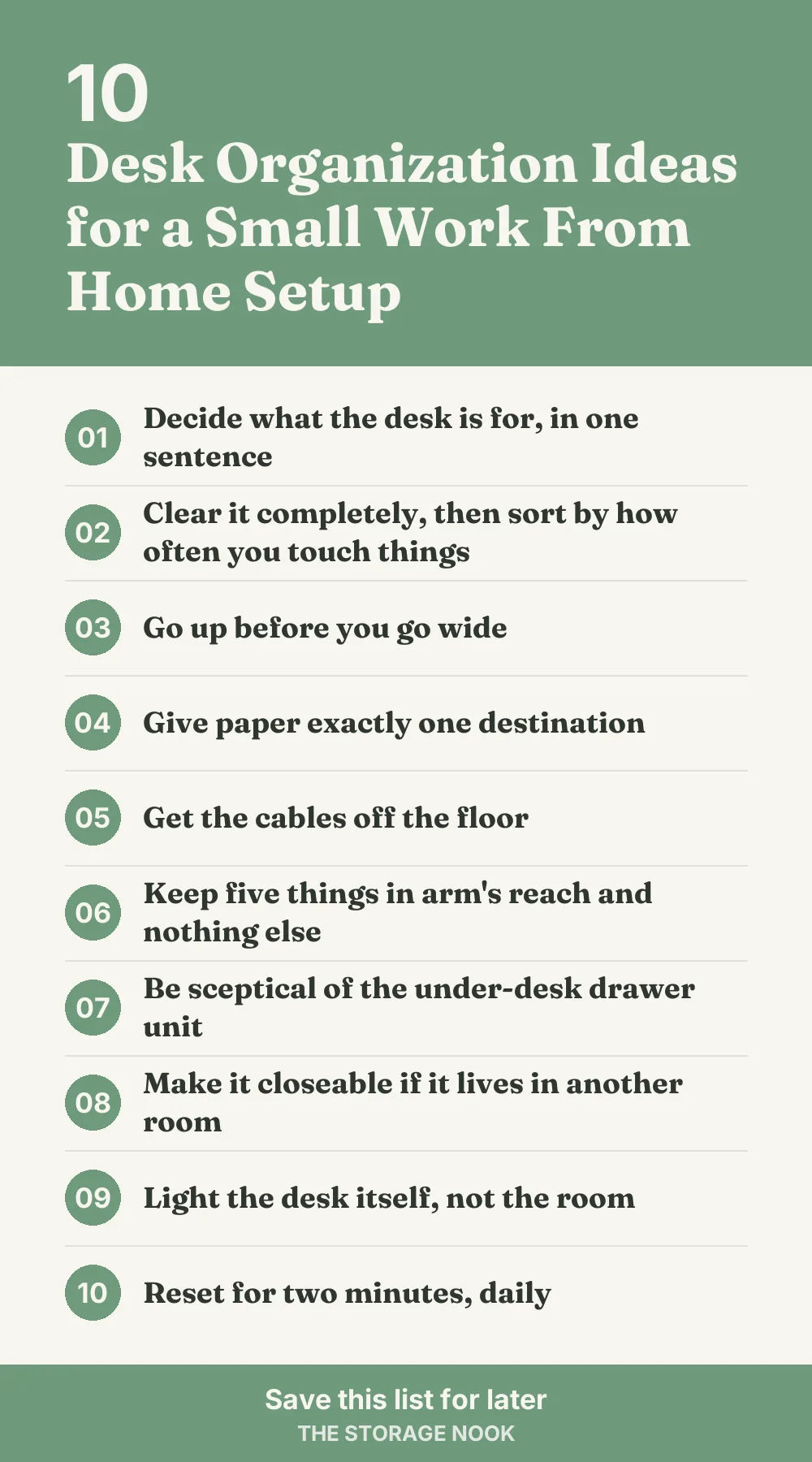 Checklist graphic summarizing this post: 1. Decide what the desk is for, in one sentence; 2. Clear it completely, then sort by how often you touch things; 3. Go up before you go wide; 4. Give paper exactly one destination; 5. Get the cables off the floor; 6. Keep five things in arm's reach and nothing else; 7. Be sceptical of the under-desk drawer unit; 8. Make it closeable if it lives in another room; 9. Light the desk itself, not the room; 10. Reset for two minutes, daily