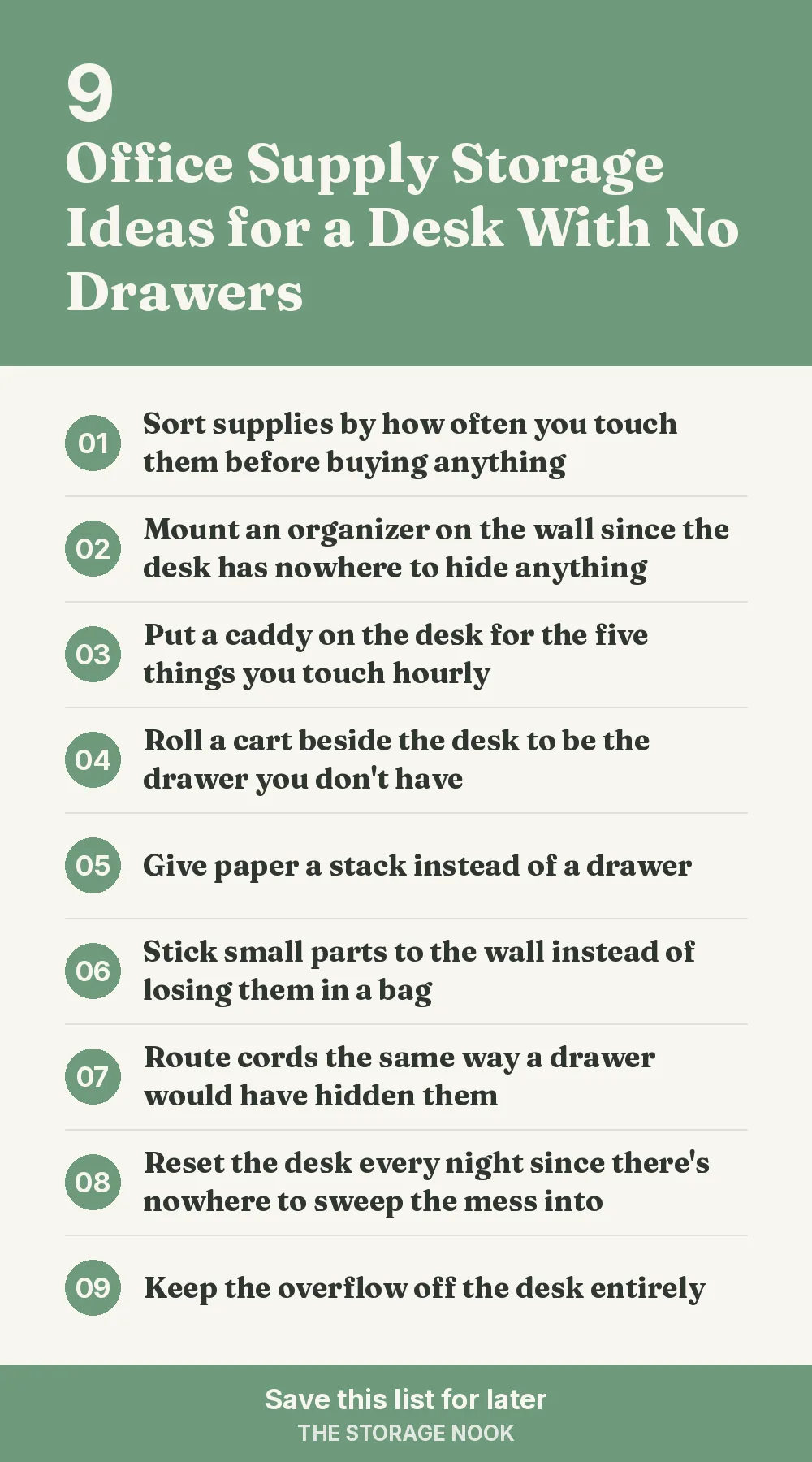 Checklist graphic summarizing this post: 1. Sort supplies by how often you touch them before buying anything; 2. Mount an organizer on the wall since the desk has nowhere to hide anything; 3. Put a caddy on the desk for the five things you touch hourly; 4. Roll a cart beside the desk to be the drawer you don't have; 5. Give paper a stack instead of a drawer; 6. Stick small parts to the wall instead of losing them in a bag; 7. Route cords the same way a drawer would have hidden them; 8. Reset the desk every night since there's nowhere to sweep the mess into; 9. Keep the overflow off the desk entirely