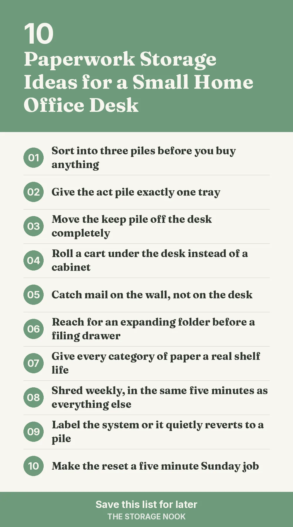 Checklist graphic summarizing this post: 1. Sort into three piles before you buy anything; 2. Give the act pile exactly one tray; 3. Move the keep pile off the desk completely; 4. Roll a cart under the desk instead of a cabinet; 5. Catch mail on the wall, not on the desk; 6. Reach for an expanding folder before a filing drawer; 7. Give every category of paper a real shelf life; 8. Shred weekly, in the same five minutes as everything else; 9. Label the system or it quietly reverts to a pile; 10. Make the reset a five minute Sunday job