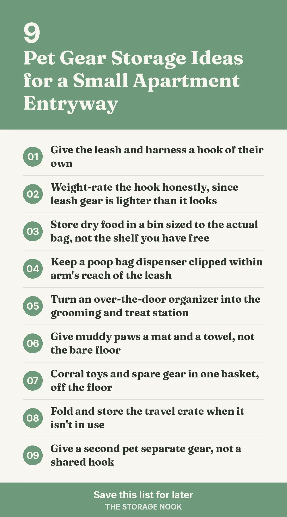 Checklist graphic summarizing this post: 1. Give the leash and harness a hook of their own; 2. Weight-rate the hook honestly, since leash gear is lighter than it looks; 3. Store dry food in a bin sized to the actual bag, not the shelf you have free; 4. Keep a poop bag dispenser clipped within arm's reach of the leash; 5. Turn an over-the-door organizer into the grooming and treat station; 6. Give muddy paws a mat and a towel, not the bare floor; 7. Corral toys and spare gear in one basket, off the floor; 8. Fold and store the travel crate when it isn't in use; 9. Give a second pet separate gear, not a shared hook