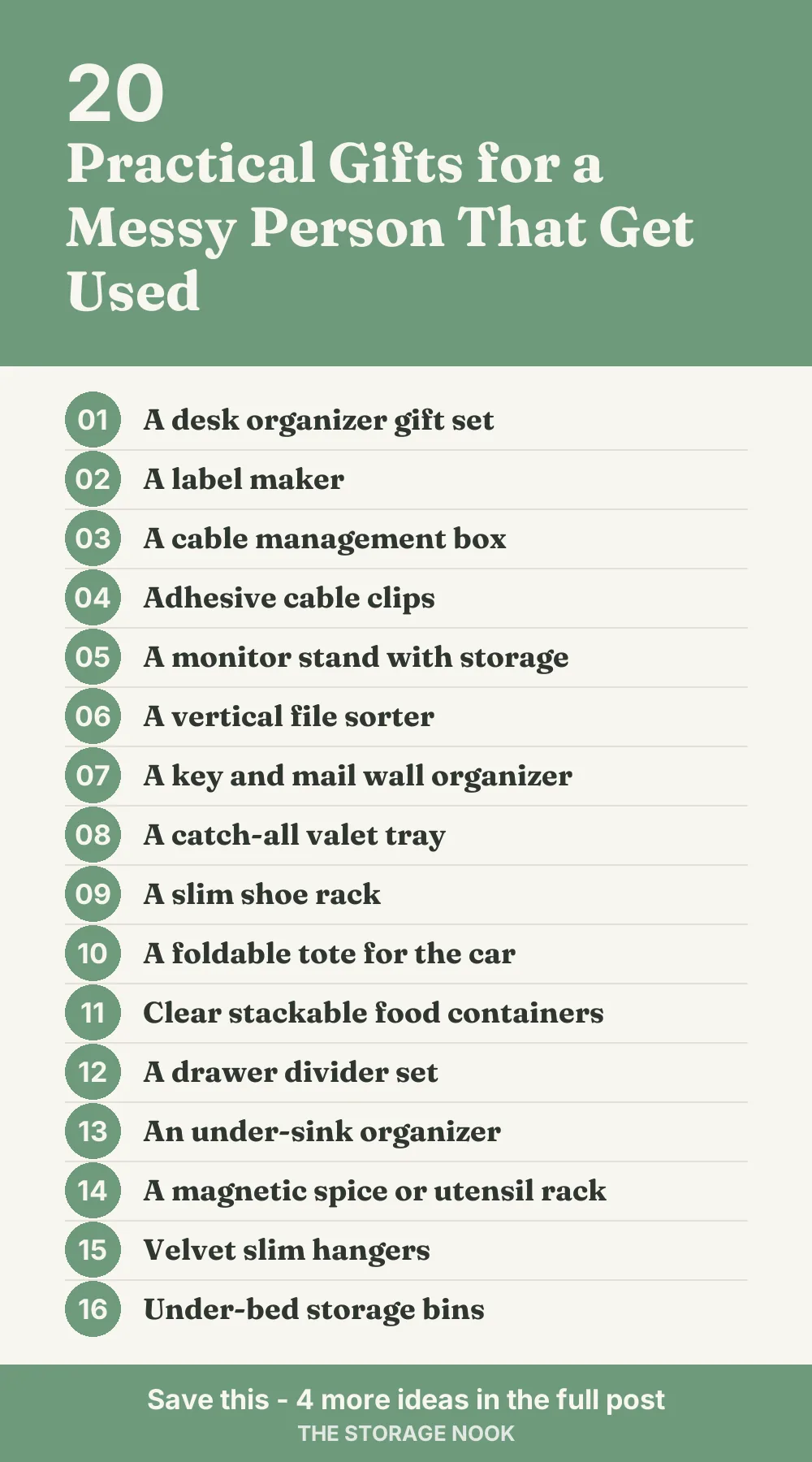 Checklist graphic summarizing this post: 1. A desk organizer gift set; 2. A label maker; 3. A cable management box; 4. Adhesive cable clips; 5. A monitor stand with storage; 6. A vertical file sorter; 7. A key and mail wall organizer; 8. A catch-all valet tray; 9. A slim shoe rack; 10. A foldable tote for the car; 11. Clear stackable food containers; 12. A drawer divider set; 13. An under-sink organizer; 14. A magnetic spice or utensil rack; 15. Velvet slim hangers; 16. Under-bed storage bins