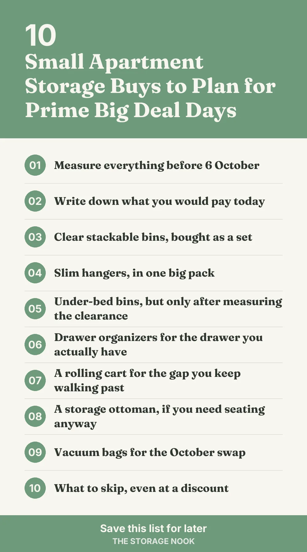 Checklist graphic summarizing this post: 1. Measure everything before 6 October; 2. Write down what you would pay today; 3. Clear stackable bins, bought as a set; 4. Slim hangers, in one big pack; 5. Under-bed bins, but only after measuring the clearance; 6. Drawer organizers for the drawer you actually have; 7. A rolling cart for the gap you keep walking past; 8. A storage ottoman, if you need seating anyway; 9. Vacuum bags for the October swap; 10. What to skip, even at a discount