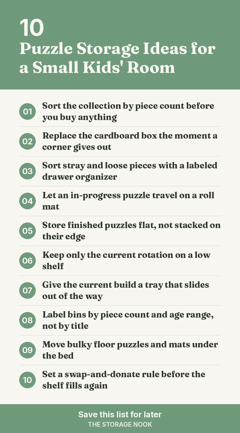 Checklist graphic summarizing this post: 1. Sort the collection by piece count before you buy anything; 2. Replace the cardboard box the moment a corner gives out; 3. Sort stray and loose pieces with a labeled drawer organizer; 4. Let an in-progress puzzle travel on a roll mat; 5. Store finished puzzles flat, not stacked on their edge; 6. Keep only the current rotation on a low shelf; 7. Give the current build a tray that slides out of the way; 8. Label bins by piece count and age range, not by title; 9. Move bulky floor puzzles and mats under the bed; 10. Set a swap-and-donate rule before the shelf fills again