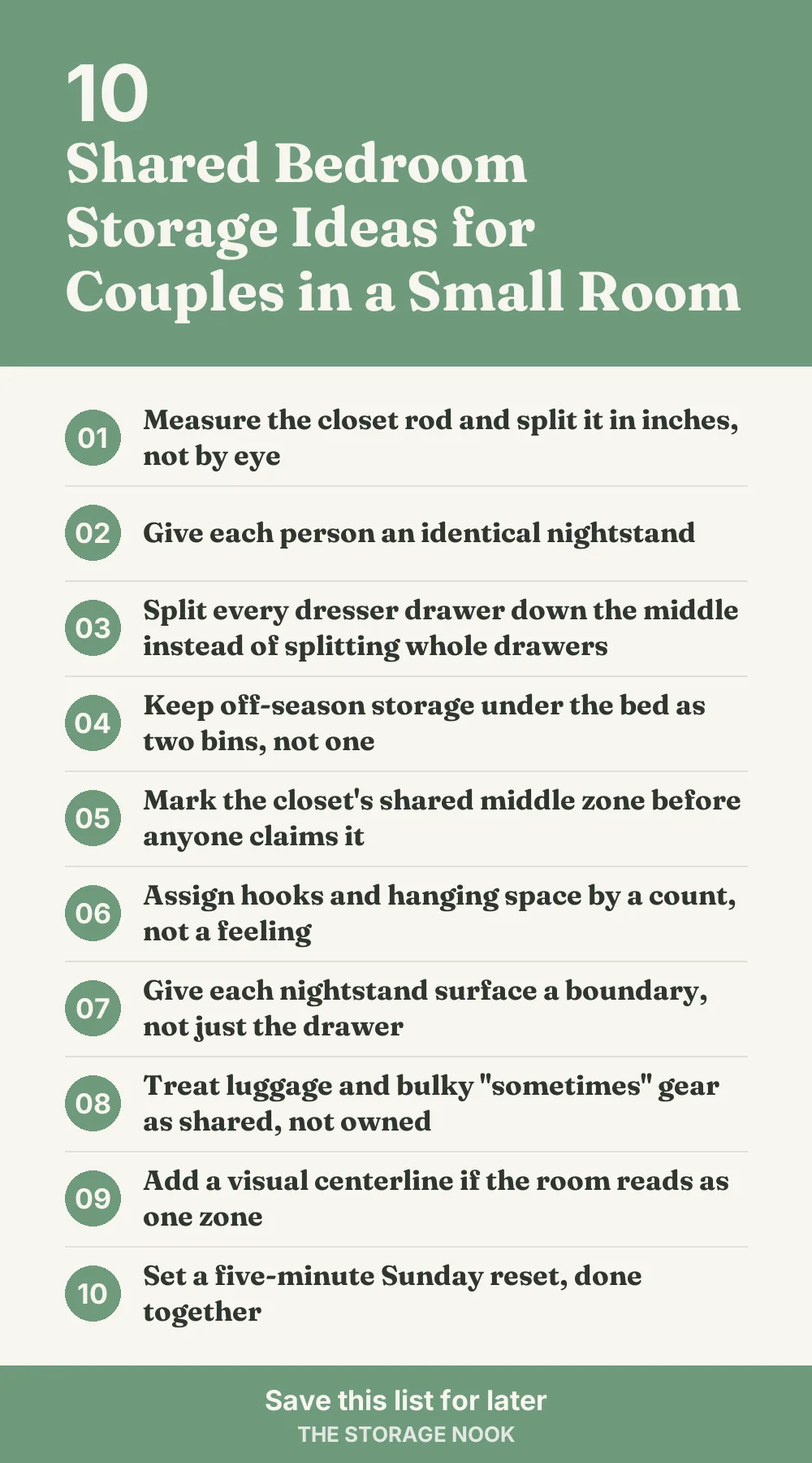 Checklist graphic summarizing this post: 1. Measure the closet rod and split it in inches, not by eye; 2. Give each person an identical nightstand; 3. Split every dresser drawer down the middle instead of splitting whole drawers; 4. Keep off-season storage under the bed as two bins, not one; 5. Mark the closet's shared middle zone before anyone claims it; 6. Assign hooks and hanging space by a count, not a feeling; 7. Give each nightstand surface a boundary, not just the drawer; 8. Treat luggage and bulky "sometimes" gear as shared, not owned; 9. Add a visual centerline if the room reads as one zone; 10. Set a five-minute Sunday reset, done together