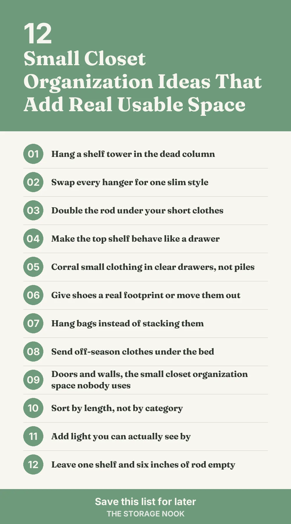 Checklist graphic summarizing this post: 1. Hang a shelf tower in the dead column; 2. Swap every hanger for one slim style; 3. Double the rod under your short clothes; 4. Make the top shelf behave like a drawer; 5. Corral small clothing in clear drawers, not piles; 6. Give shoes a real footprint or move them out; 7. Hang bags instead of stacking them; 8. Send off-season clothes under the bed; 9. Doors and walls, the small closet organization space nobody uses; 10. Sort by length, not by category; 11. Add light you can actually see by; 12. Leave one shelf and six inches of rod empty