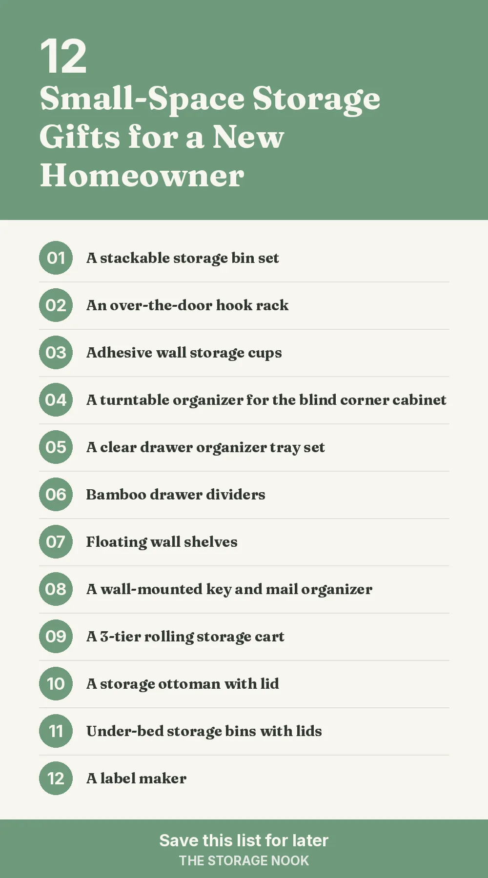 Checklist graphic summarizing this post: 1. A stackable storage bin set; 2. An over-the-door hook rack; 3. Adhesive wall storage cups; 4. A turntable organizer for the blind corner cabinet; 5. A clear drawer organizer tray set; 6. Bamboo drawer dividers; 7. Floating wall shelves; 8. A wall-mounted key and mail organizer; 9. A 3-tier rolling storage cart; 10. A storage ottoman with lid; 11. Under-bed storage bins with lids; 12. A label maker