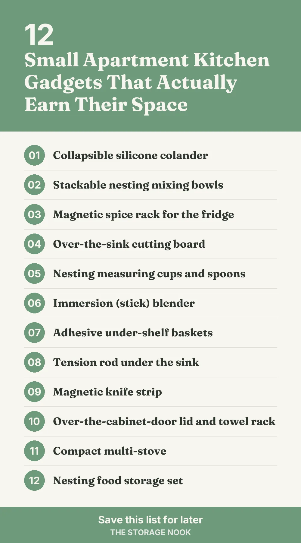 Checklist graphic summarizing this post: 1. Collapsible silicone colander; 2. Stackable nesting mixing bowls; 3. Magnetic spice rack for the fridge; 4. Over-the-sink cutting board; 5. Nesting measuring cups and spoons; 6. Immersion (stick) blender; 7. Adhesive under-shelf baskets; 8. Tension rod under the sink; 9. Magnetic knife strip; 10. Over-the-cabinet-door lid and towel rack; 11. Compact multi-stove; 12. Nesting food storage set
