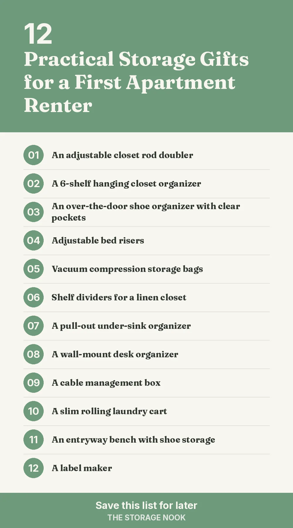 Checklist graphic summarizing this post: 1. An adjustable closet rod doubler; 2. A 6-shelf hanging closet organizer; 3. An over-the-door shoe organizer with clear pockets; 4. Adjustable bed risers; 5. Vacuum compression storage bags; 6. Shelf dividers for a linen closet; 7. A pull-out under-sink organizer; 8. A wall-mount desk organizer; 9. A cable management box; 10. A slim rolling laundry cart; 11. An entryway bench with shoe storage; 12. A label maker