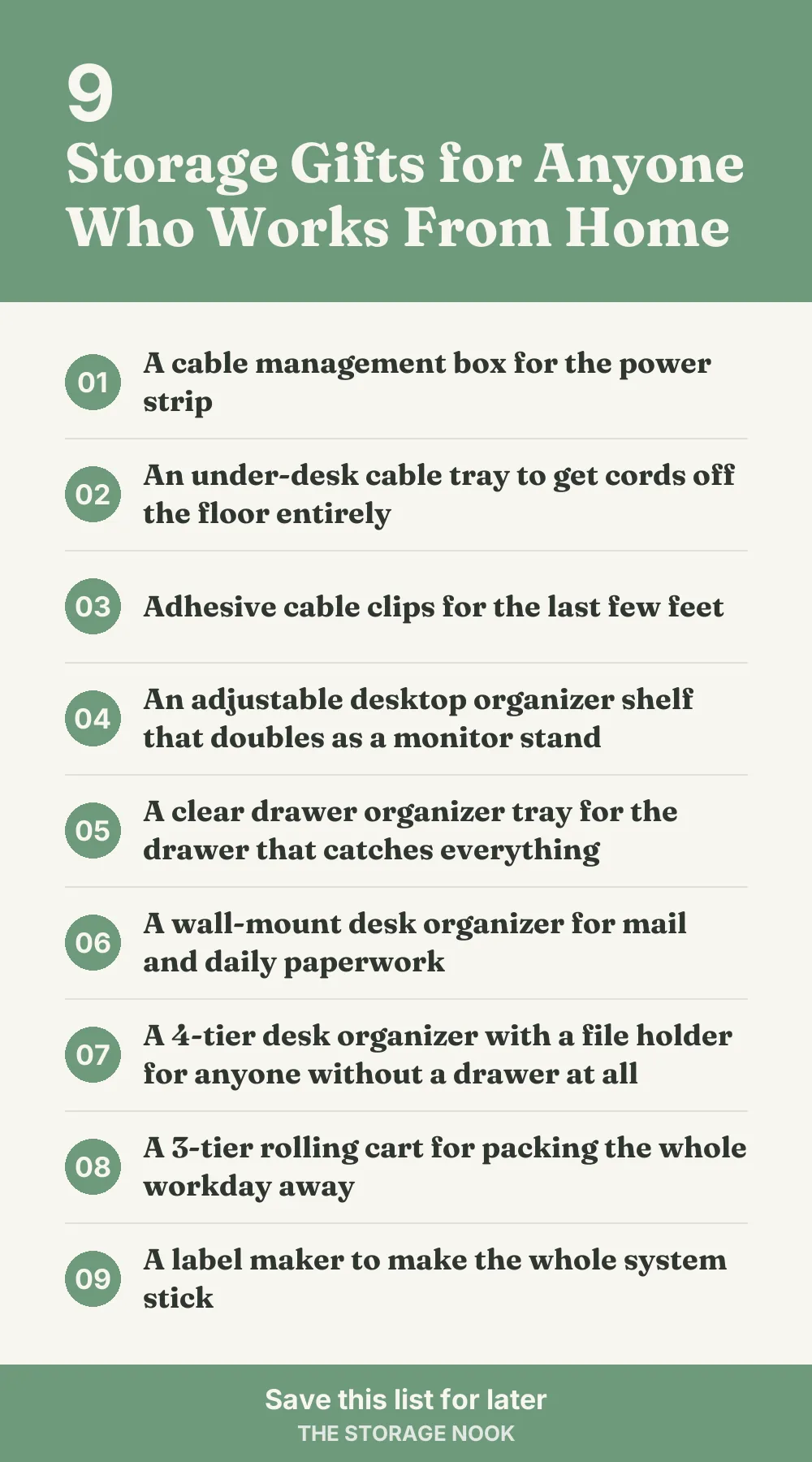 Checklist graphic summarizing this post: 1. A cable management box for the power strip; 2. An under-desk cable tray to get cords off the floor entirely; 3. Adhesive cable clips for the last few feet; 4. An adjustable desktop organizer shelf that doubles as a monitor stand; 5. A clear drawer organizer tray for the drawer that catches everything; 6. A wall-mount desk organizer for mail and daily paperwork; 7. A 4-tier desk organizer with a file holder for anyone without a drawer at all; 8. A 3-tier rolling cart for packing the whole workday away; 9. A label maker to make the whole system stick