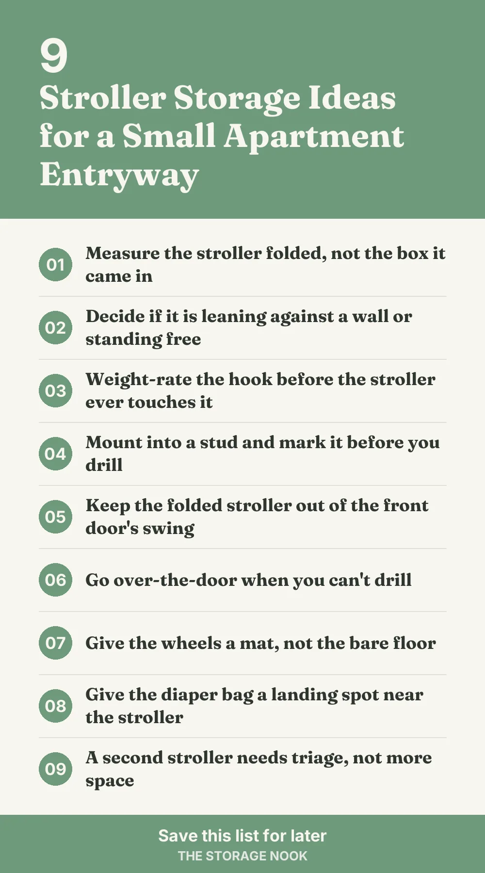 Checklist graphic summarizing this post: 1. Measure the stroller folded, not the box it came in; 2. Decide if it is leaning against a wall or standing free; 3. Weight-rate the hook before the stroller ever touches it; 4. Mount into a stud and mark it before you drill; 5. Keep the folded stroller out of the front door's swing; 6. Go over-the-door when you can't drill; 7. Give the wheels a mat, not the bare floor; 8. Give the diaper bag a landing spot near the stroller; 9. A second stroller needs triage, not more space