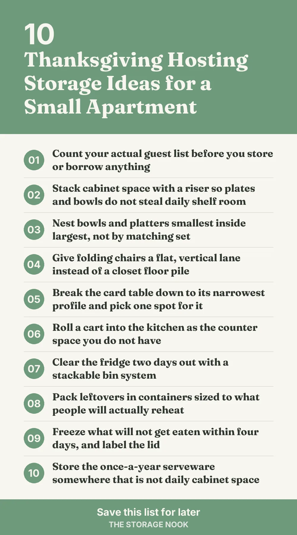 Checklist graphic summarizing this post: 1. Count your actual guest list before you store or borrow anything; 2. Stack cabinet space with a riser so plates and bowls do not steal daily shelf room; 3. Nest bowls and platters smallest inside largest, not by matching set; 4. Give folding chairs a flat, vertical lane instead of a closet floor pile; 5. Break the card table down to its narrowest profile and pick one spot for it; 6. Roll a cart into the kitchen as the counter space you do not have; 7. Clear the fridge two days out with a stackable bin system; 8. Pack leftovers in containers sized to what people will actually reheat; 9. Freeze what will not get eaten within four days, and label the lid; 10. Store the once-a-year serveware somewhere that is not daily cabinet space