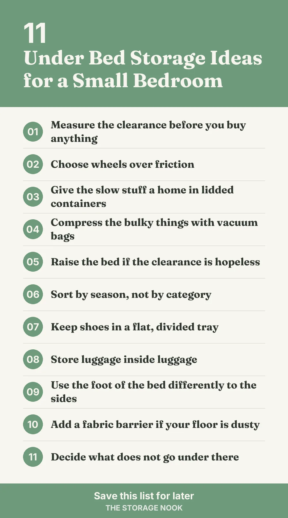 Checklist graphic summarizing this post: 1. Measure the clearance before you buy anything; 2. Choose wheels over friction; 3. Give the slow stuff a home in lidded containers; 4. Compress the bulky things with vacuum bags; 5. Raise the bed if the clearance is hopeless; 6. Sort by season, not by category; 7. Keep shoes in a flat, divided tray; 8. Store luggage inside luggage; 9. Use the foot of the bed differently to the sides; 10. Add a fabric barrier if your floor is dusty; 11. Decide what does not go under there