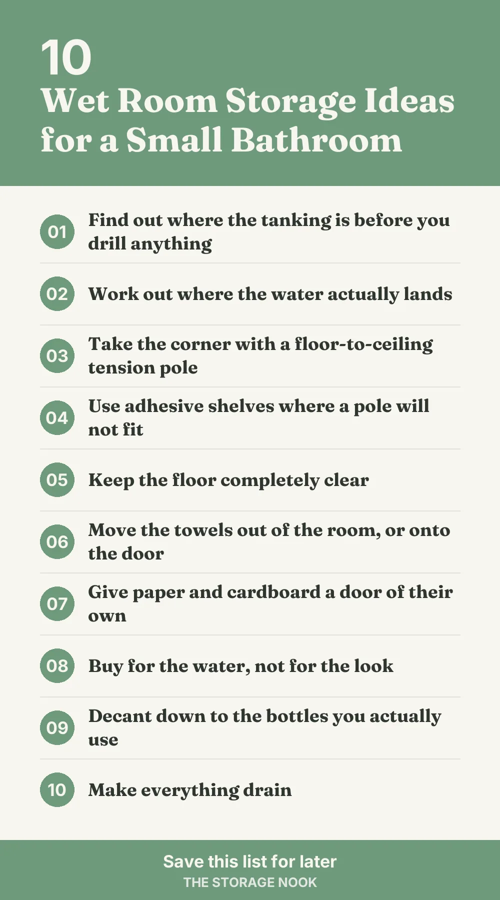 Checklist graphic summarizing this post: 1. Find out where the tanking is before you drill anything; 2. Work out where the water actually lands; 3. Take the corner with a floor-to-ceiling tension pole; 4. Use adhesive shelves where a pole will not fit; 5. Keep the floor completely clear; 6. Move the towels out of the room, or onto the door; 7. Give paper and cardboard a door of their own; 8. Buy for the water, not for the look; 9. Decant down to the bottles you actually use; 10. Make everything drain