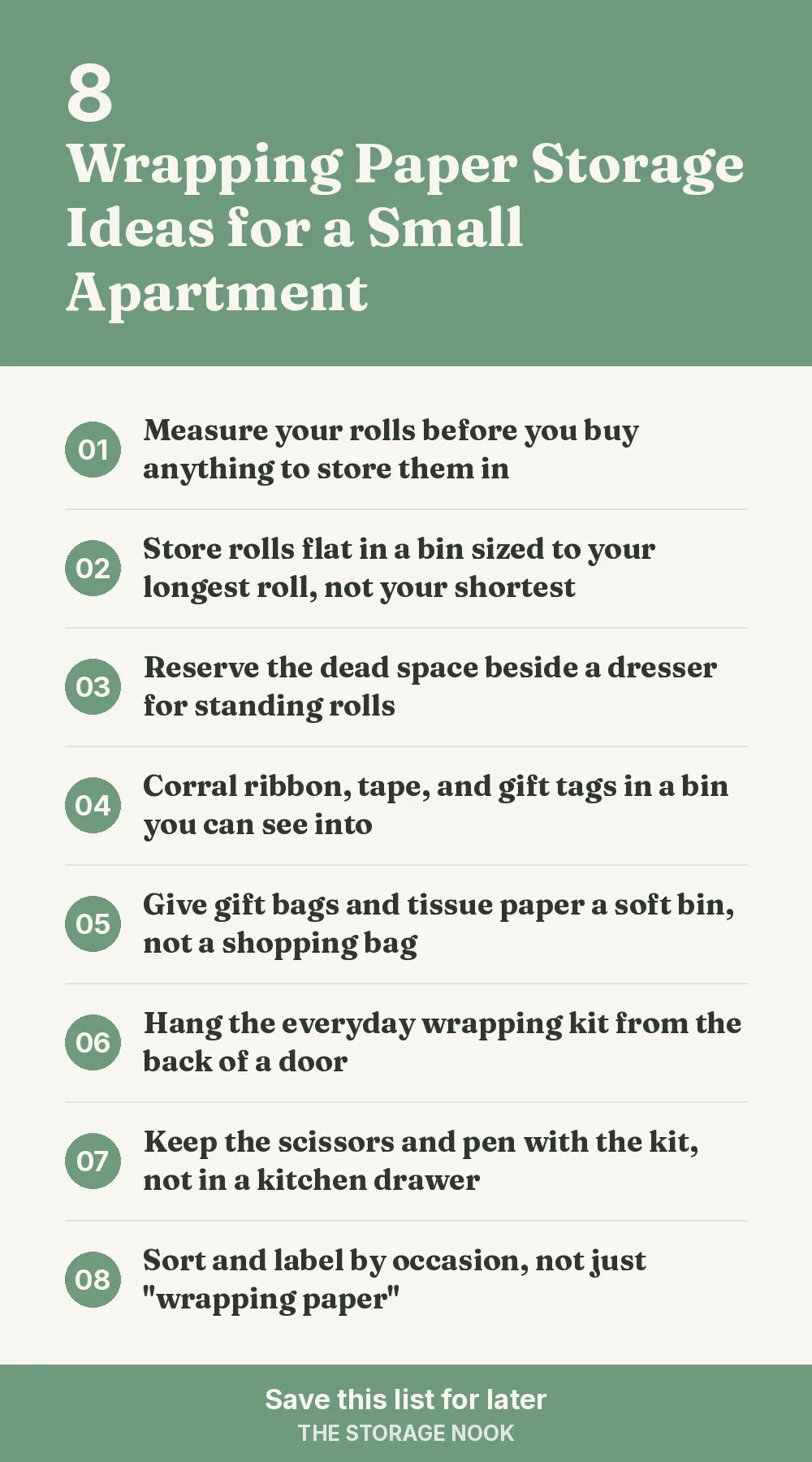 Checklist graphic summarizing this post: 1. Measure your rolls before you buy anything to store them in; 2. Store rolls flat in a bin sized to your longest roll, not your shortest; 3. Reserve the dead space beside a dresser for standing rolls; 4. Corral ribbon, tape, and gift tags in a bin you can see into; 5. Give gift bags and tissue paper a soft bin, not a shopping bag; 6. Hang the everyday wrapping kit from the back of a door; 7. Keep the scissors and pen with the kit, not in a kitchen drawer; 8. Sort and label by occasion, not just "wrapping paper"