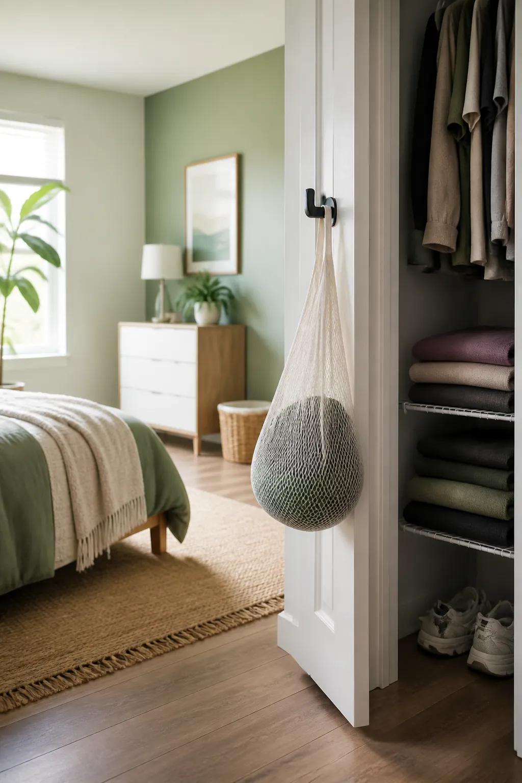 A mesh laundry bag hanging on a hook beside a closet door, clean folded activewear visible on the shelf inside.
