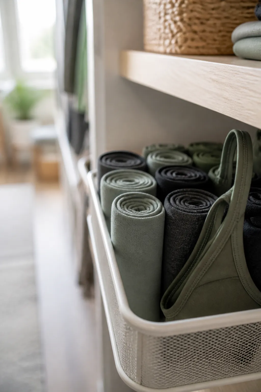 Rolled leggings and a sports bra standing upright in a shallow bin, each roll about two inches wide.