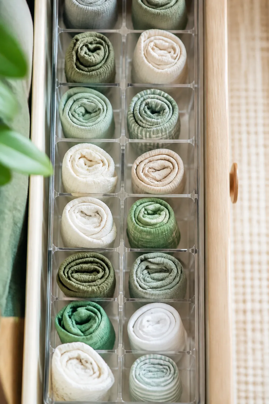 A clear drawer organizer tray divided into compartments, each holding one upright rolled legging or top.