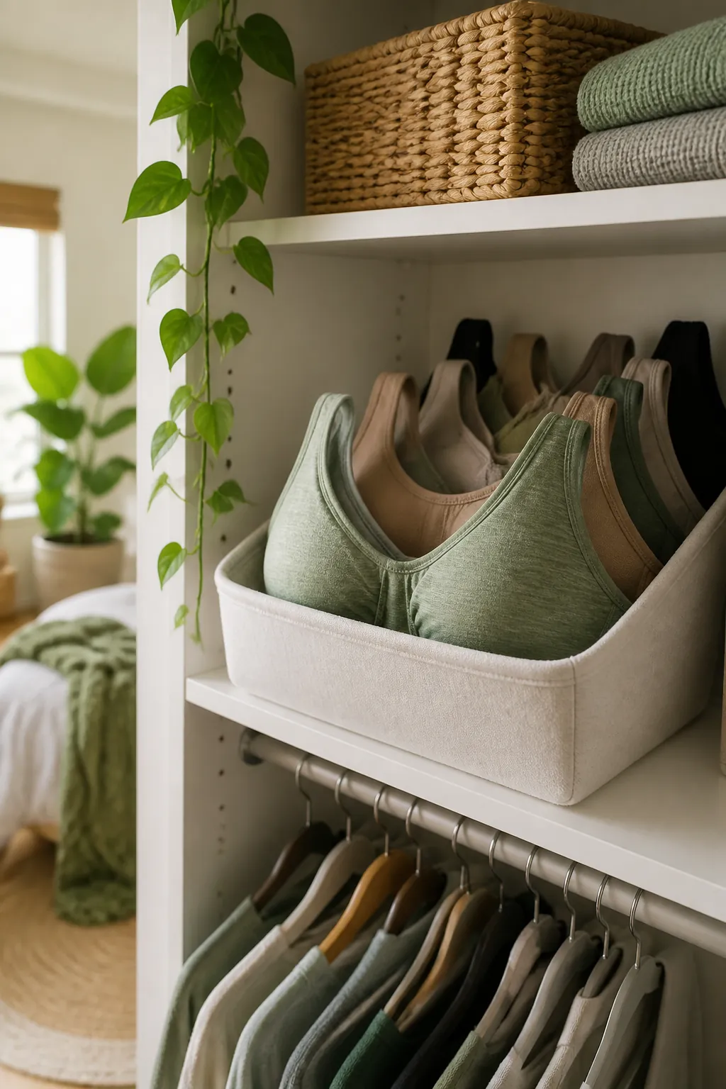 Sports bras standing upright cup-side up in a shallow bin, nested together on a closet shelf.