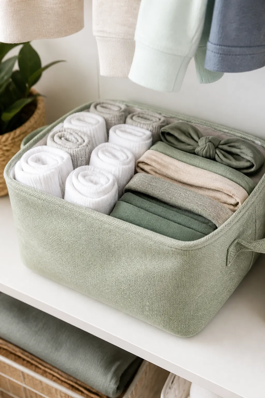 A fabric storage bin with handles on a closet shelf, holding rolled athletic socks and folded headbands.