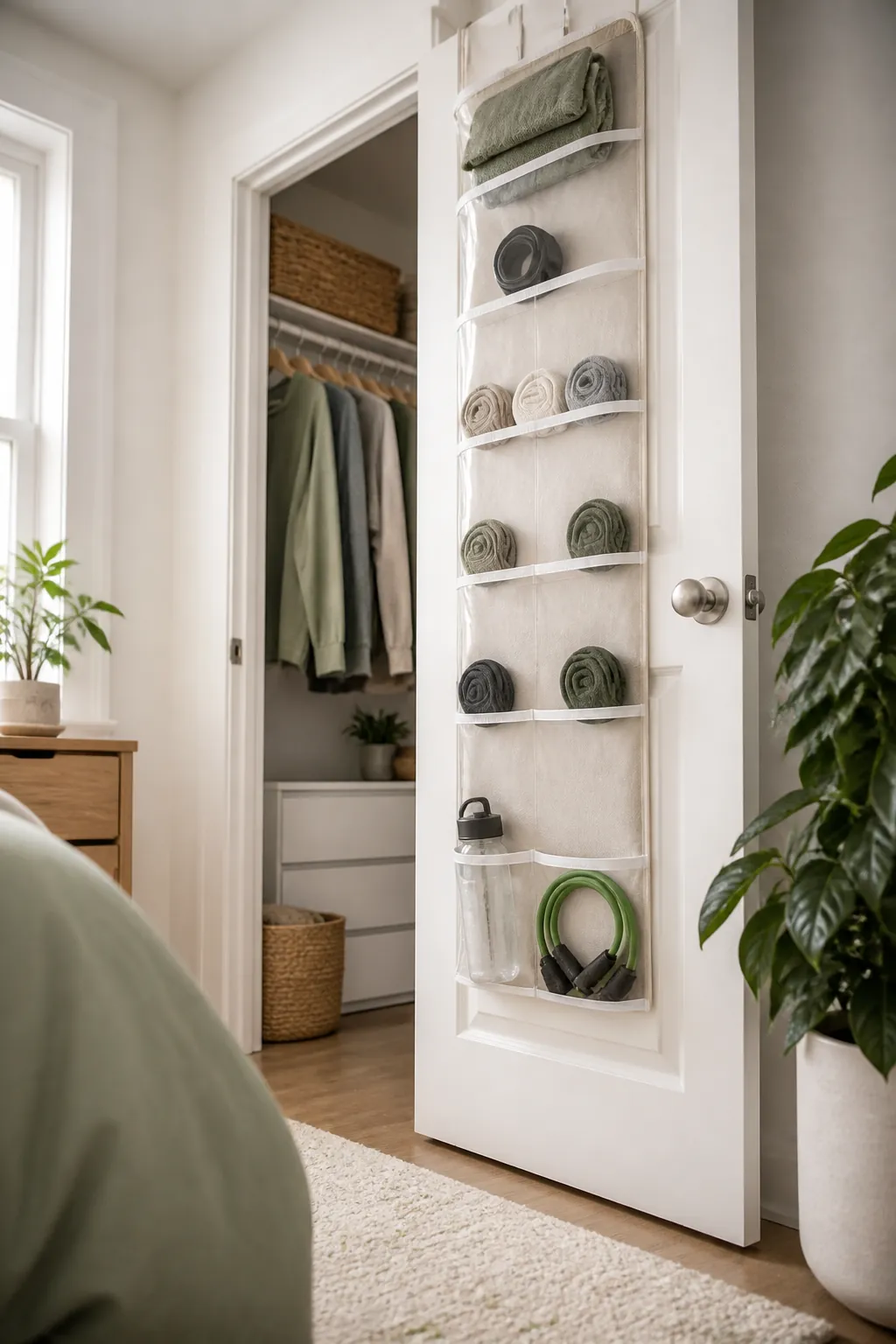 An over-the-door pocket organizer holding rolled socks, a resistance band, and a water bottle in separate pockets.