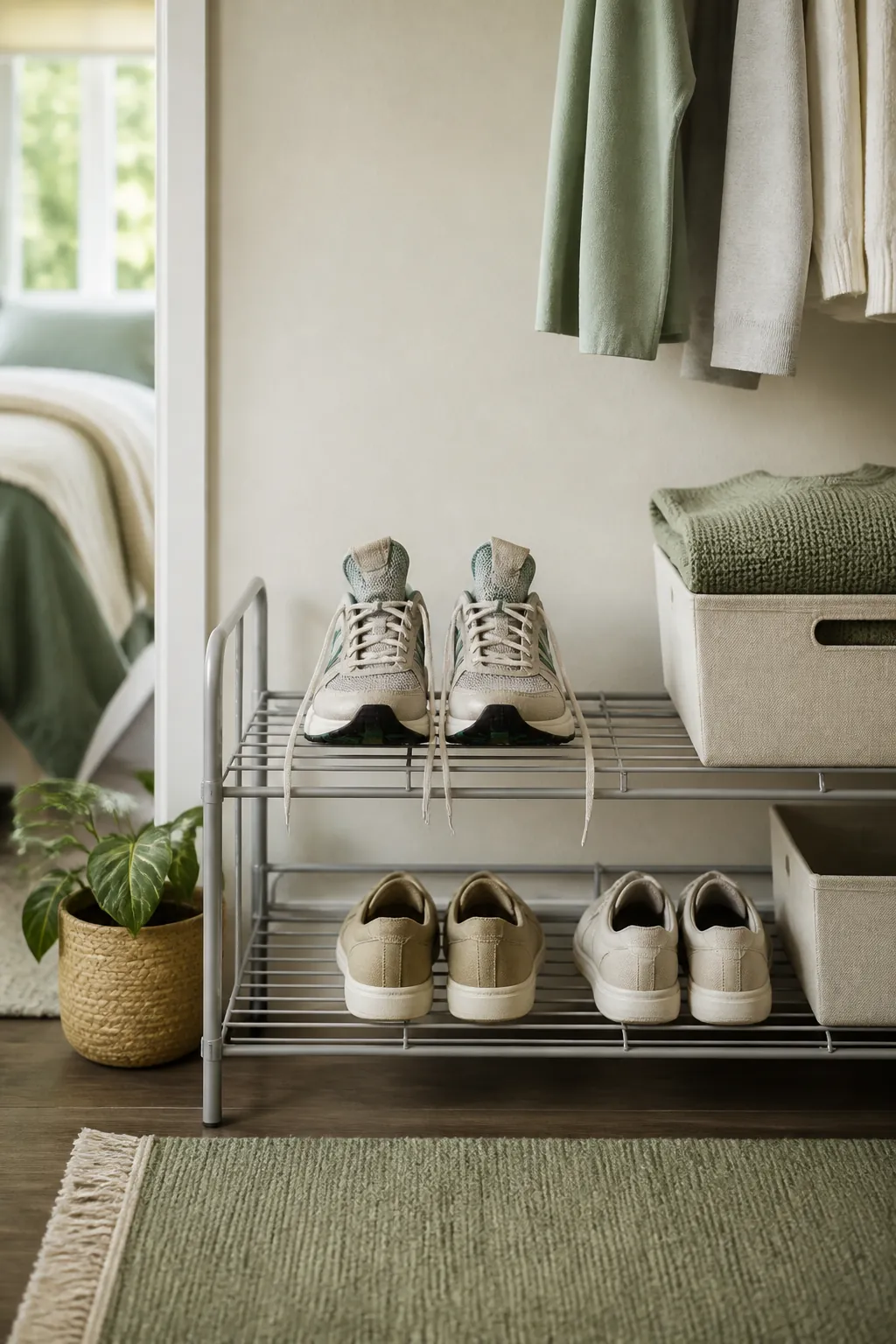 Mesh running shoes unlaced with tongues pulled forward, resting on an open wire rack near a closet.