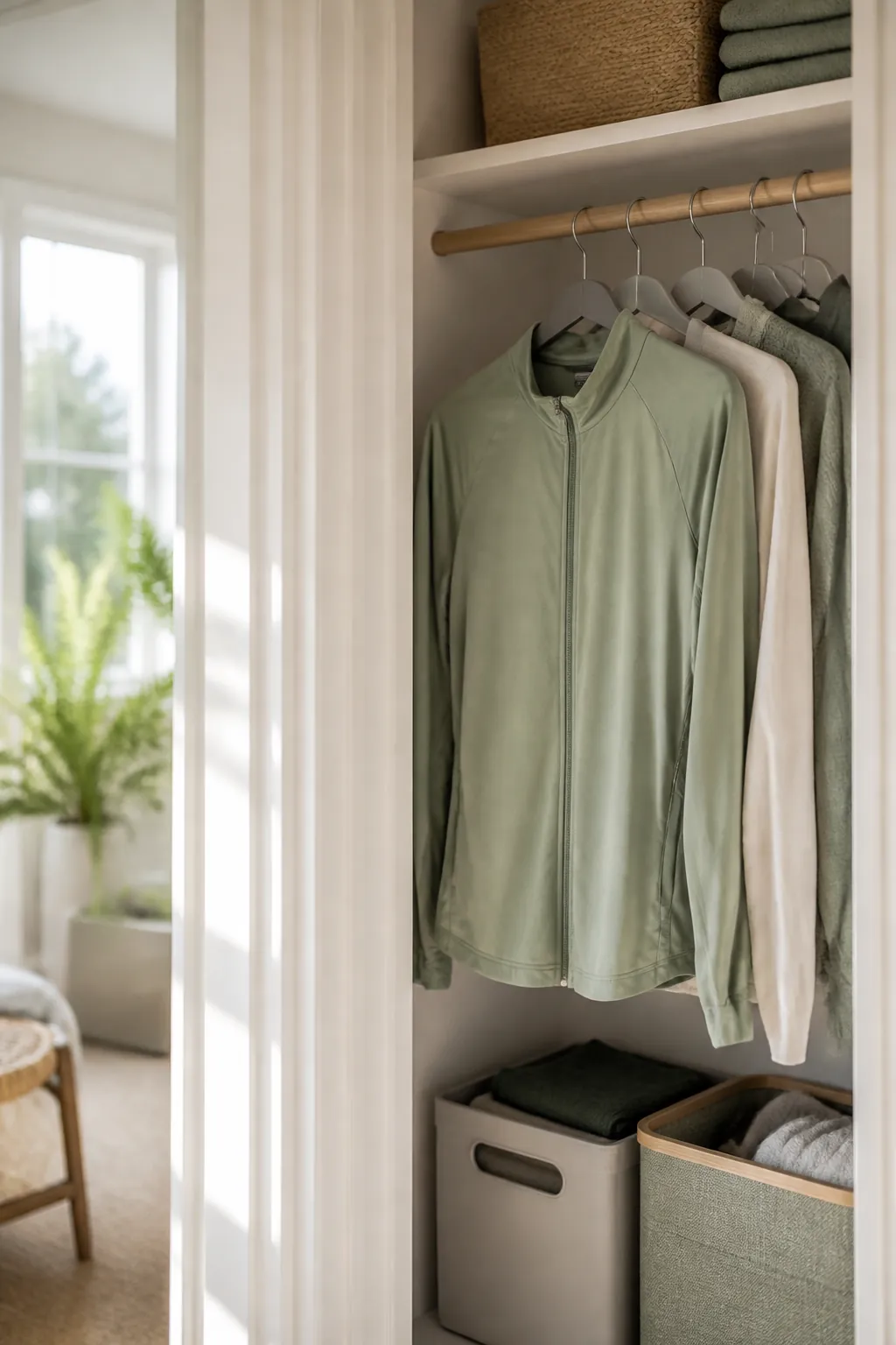 A lightweight zip-up running jacket on a slim hanger at one end of a closet rod above storage bins.