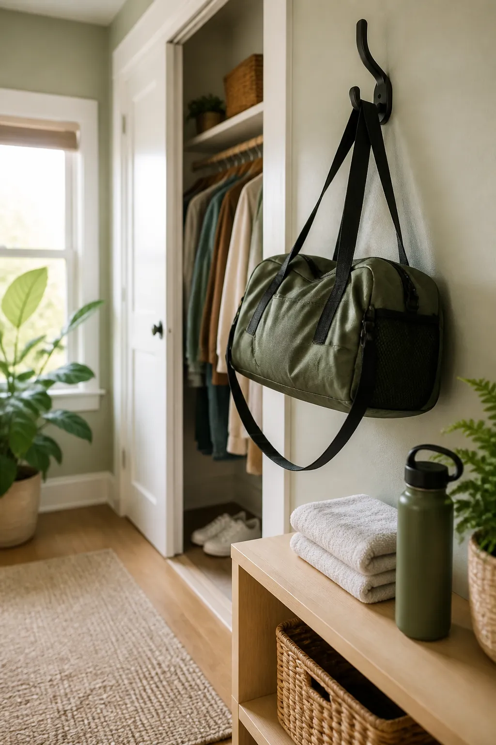 A gym bag hanging from a hook near the closet door with a folded towel and water bottle staged beside it.