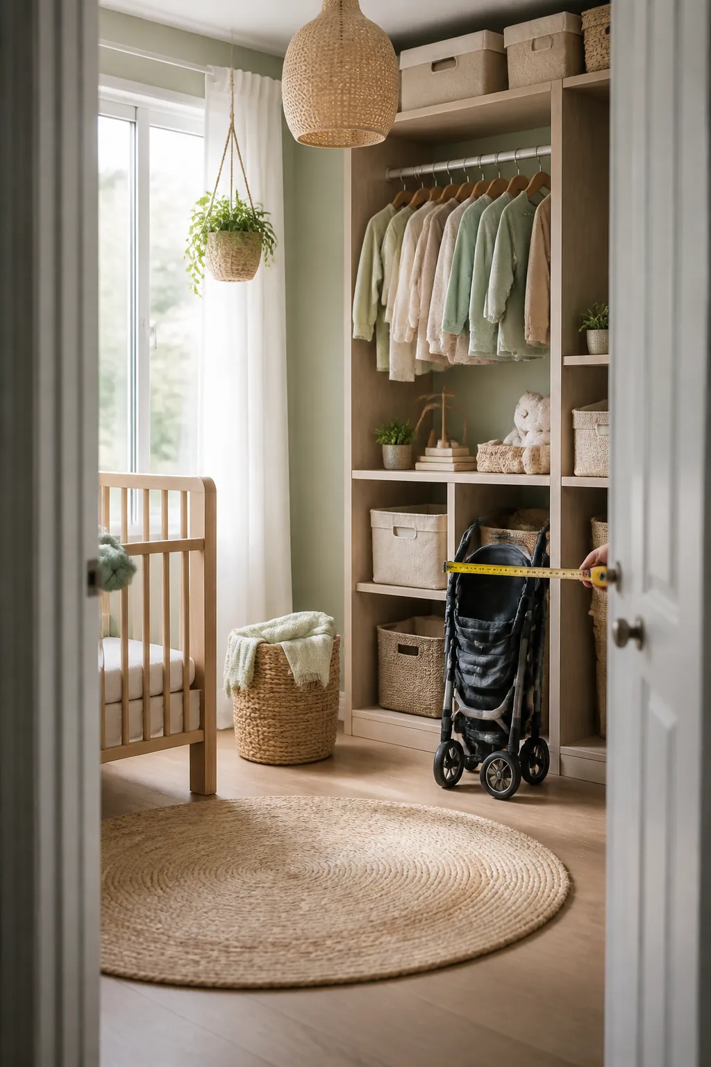 A tape measure stretched along a folded stroller's frame, measuring its width on a nursery floor.