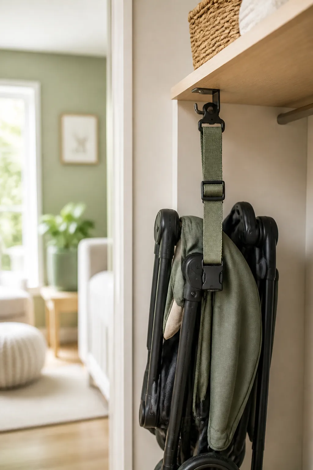 A folded stroller stands upright in a closet corner, secured with a strap hooked to a shelf bracket.