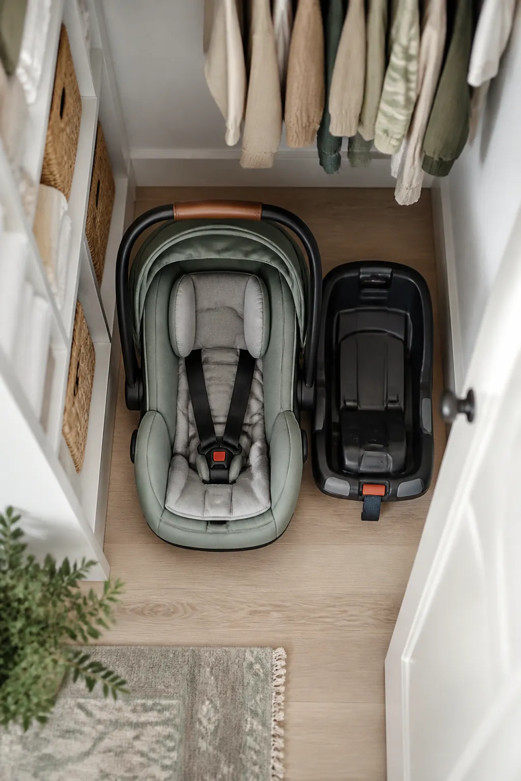 An infant car seat with its base sits on a closet floor, harness straps clipped and tightened.